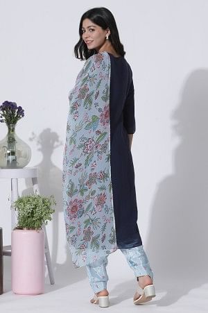 Navy Blue Embroidered Festive Kurta, Printed Salwar With Dupatta Set - Image 4