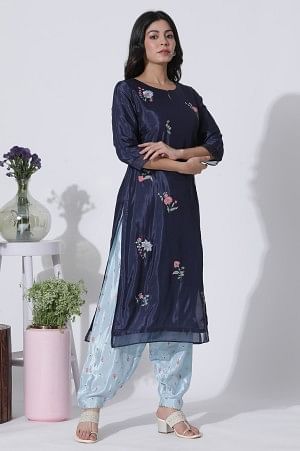 Navy Blue Embroidered Festive Kurta, Printed Salwar With Dupatta Set - Image 5