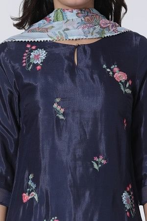 Navy Blue Embroidered Festive Kurta, Printed Salwar With Dupatta Set - Image 6