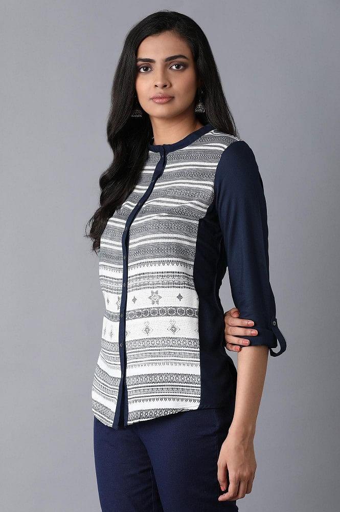Navy Blue Printed Shirt Top - Image 3