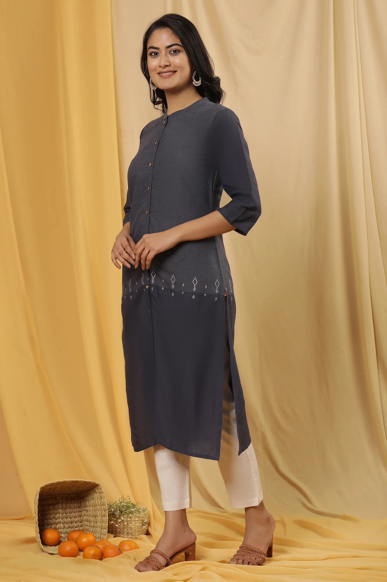 Navy Blue Printed Straight Kurta And Pants Set - Image 3