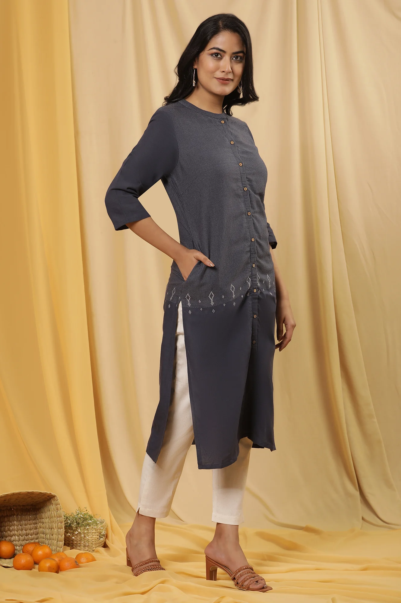 Navy Blue Printed Straight Kurta And Pants Set - Image 5