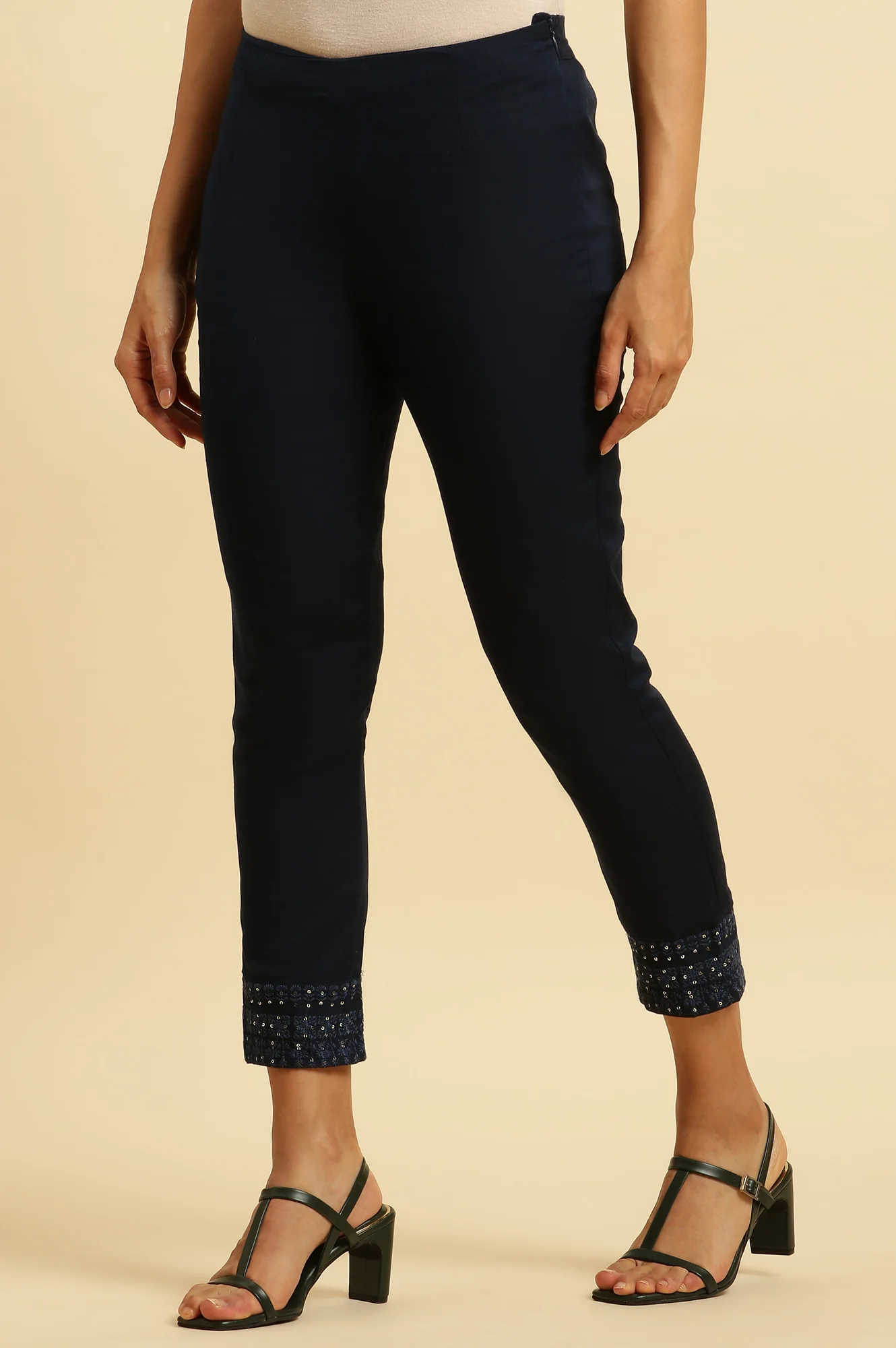 Navy Blue Solid Embroidered Slim Pants - Image 2
