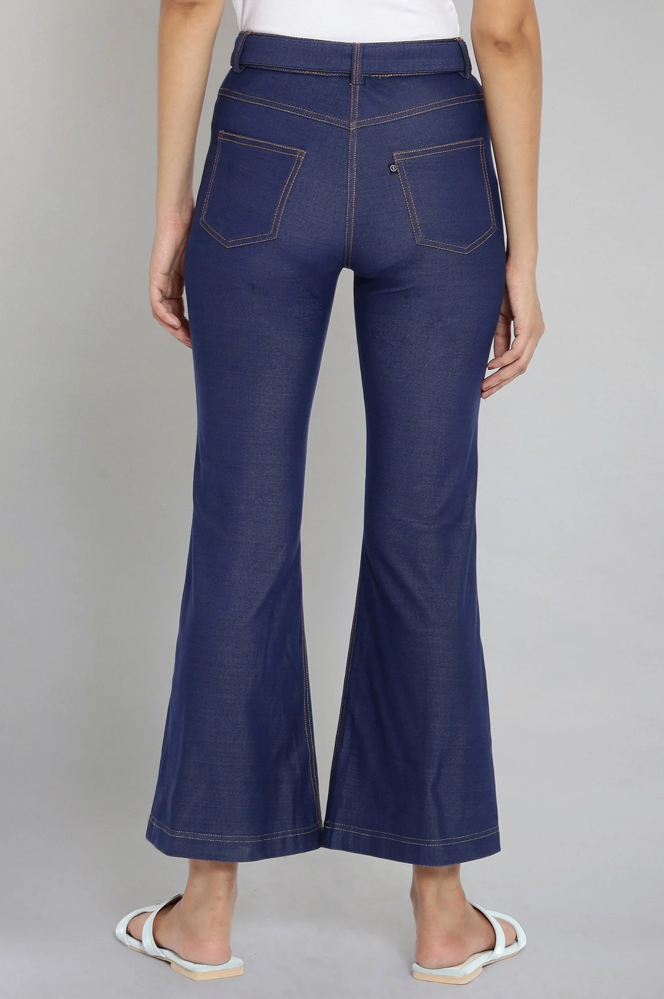 Elleven Women's Navy Blue Solid Boot Cut Denim Pants With Waist Belt - Image 2