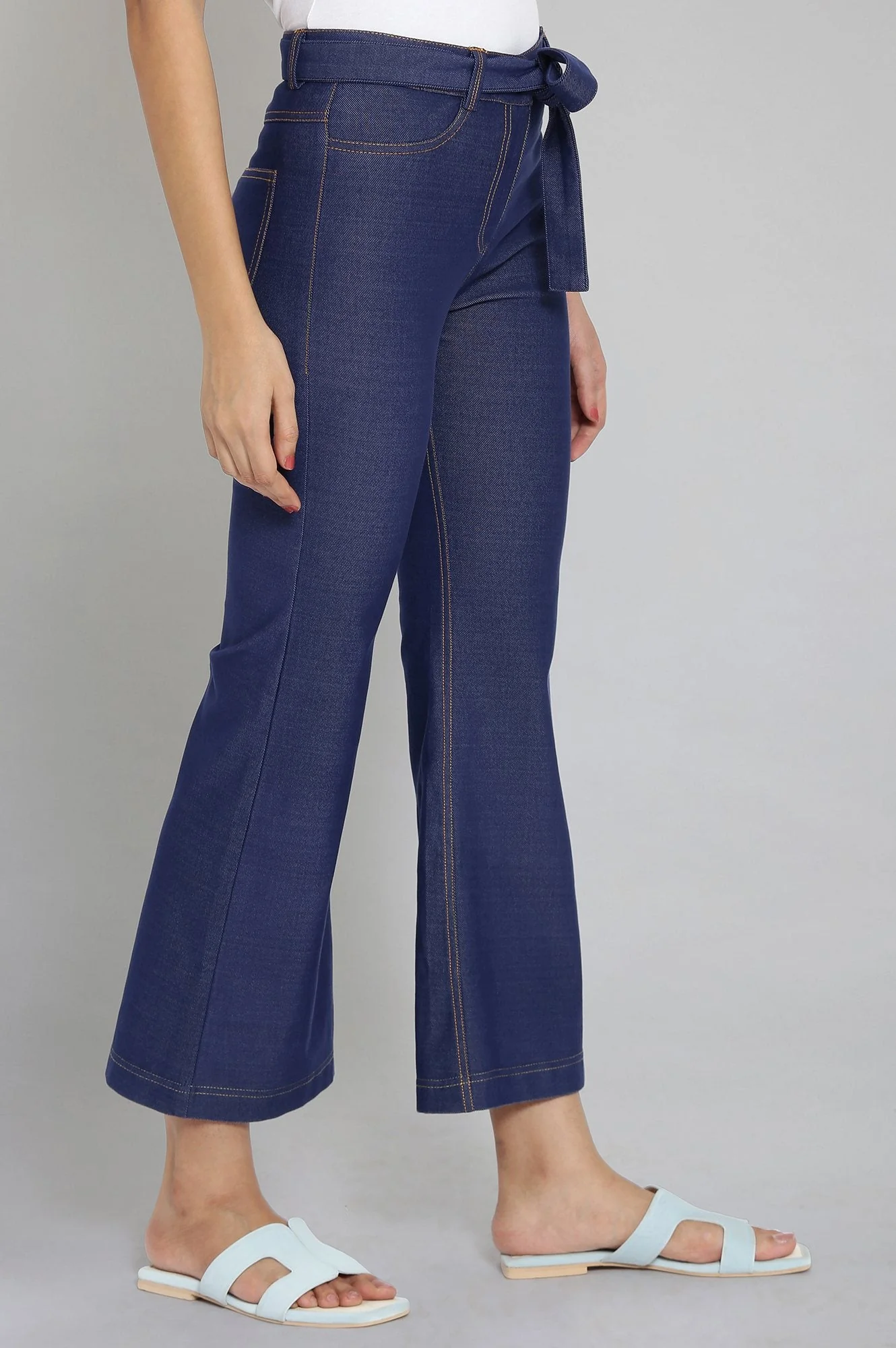 Elleven Women's Navy Blue Solid Boot Cut Denim Pants With Waist Belt - Image 4