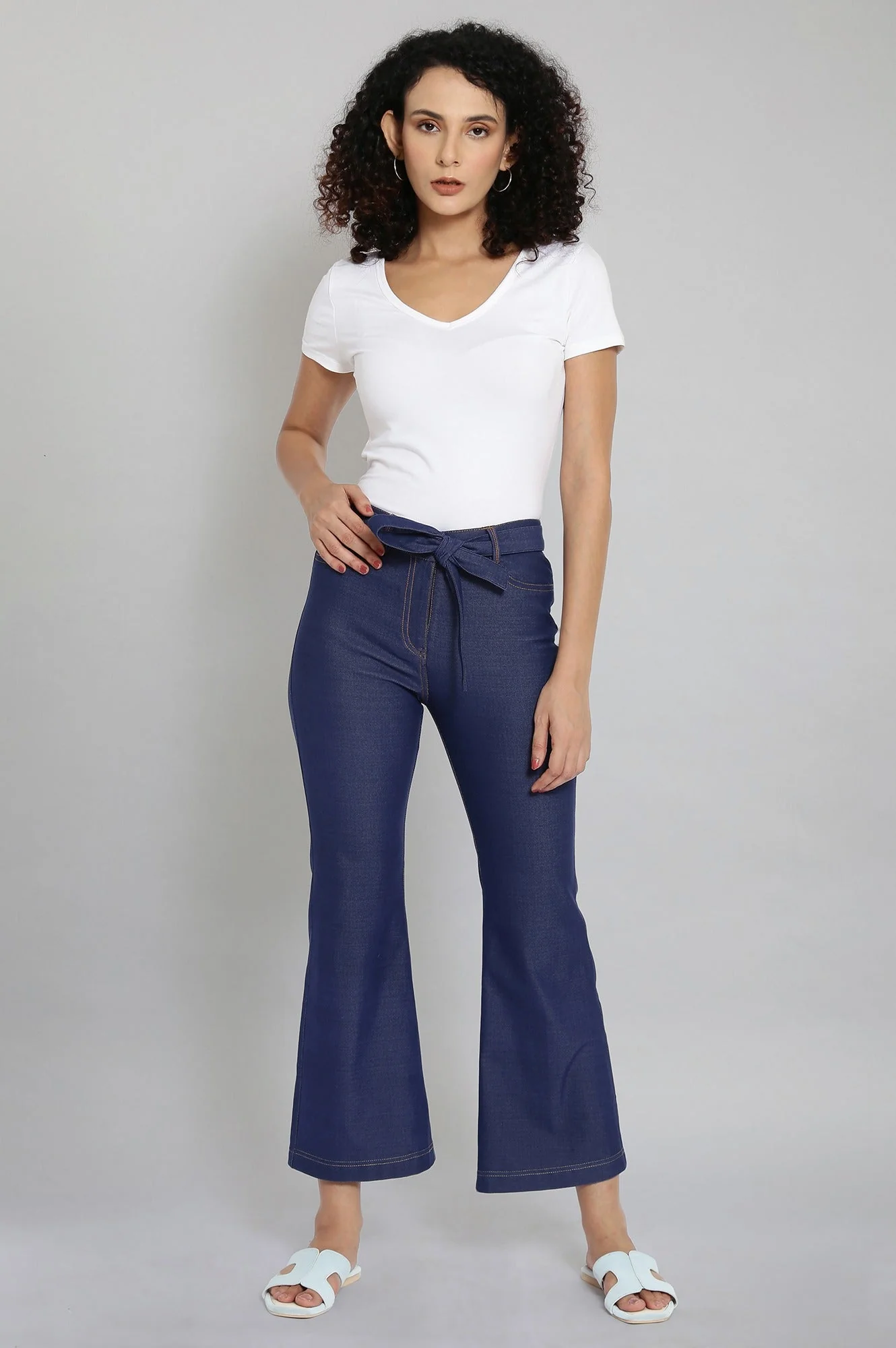 Elleven Women's Navy Blue Solid Boot Cut Denim Pants With Waist Belt - Image 5