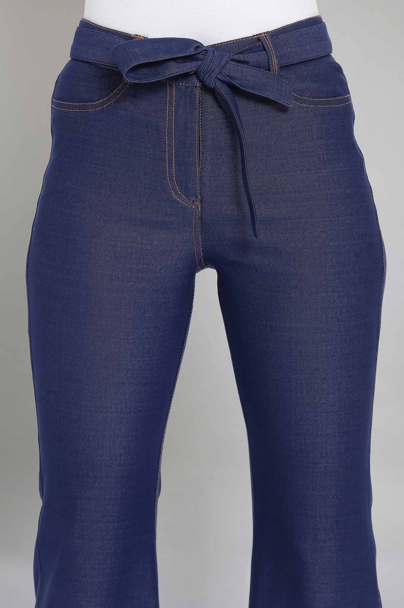 Elleven Women's Navy Blue Solid Boot Cut Denim Pants With Waist Belt - Image 6