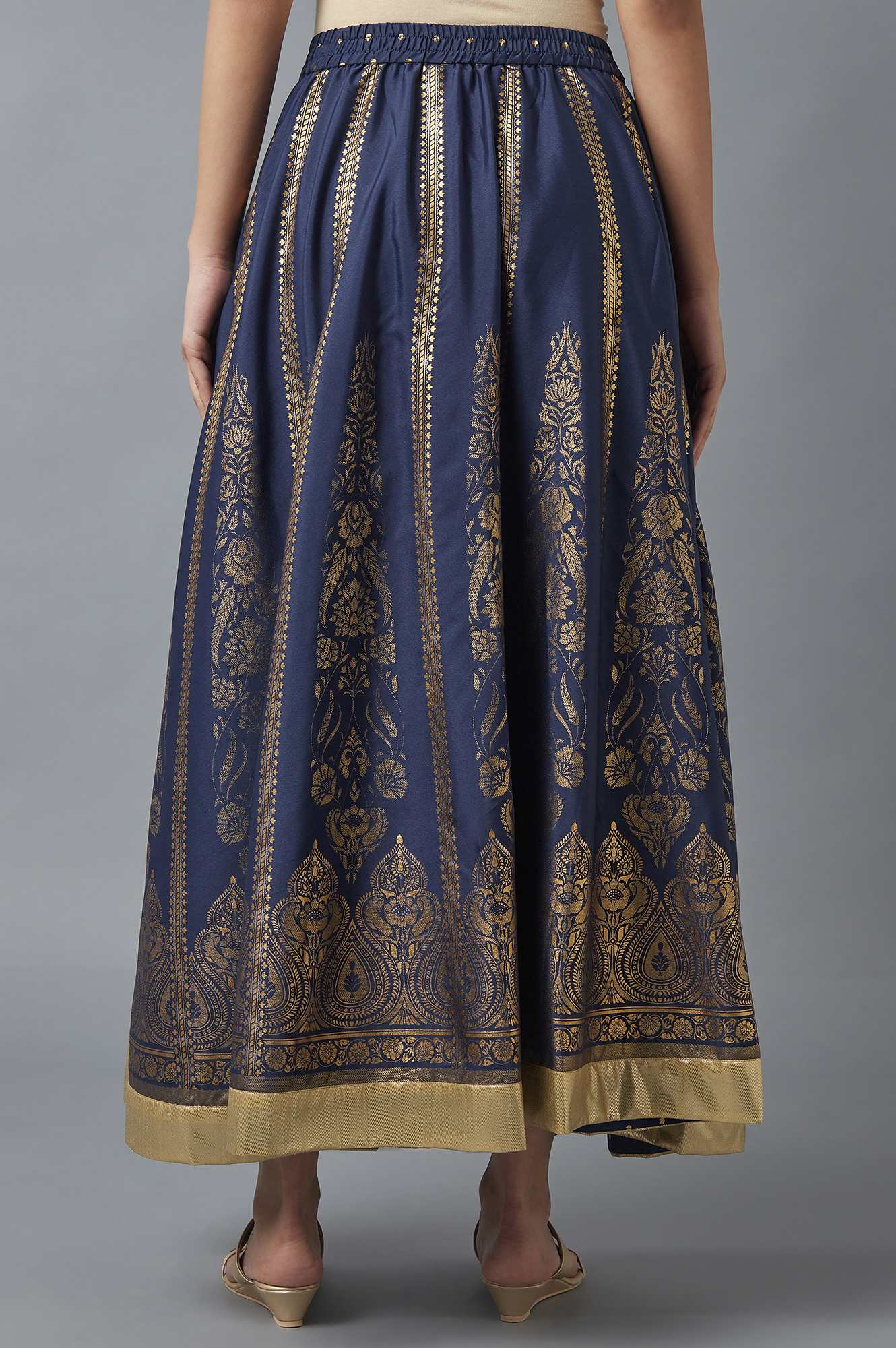 Navy Blue Printed Flared Skirt with Elasticated Waist - Image 2