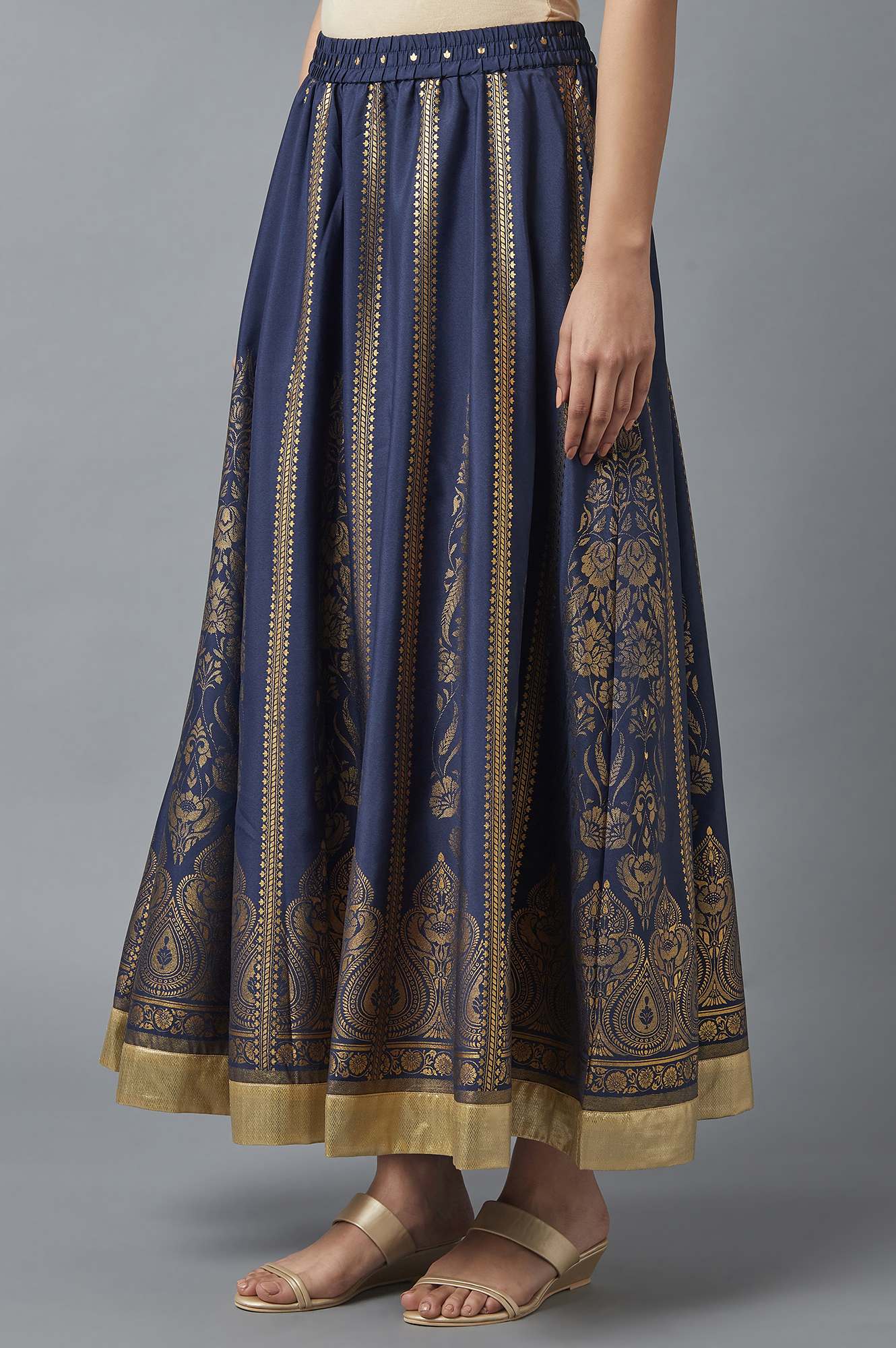 Navy Blue Printed Flared Skirt with Elasticated Waist - Image 3