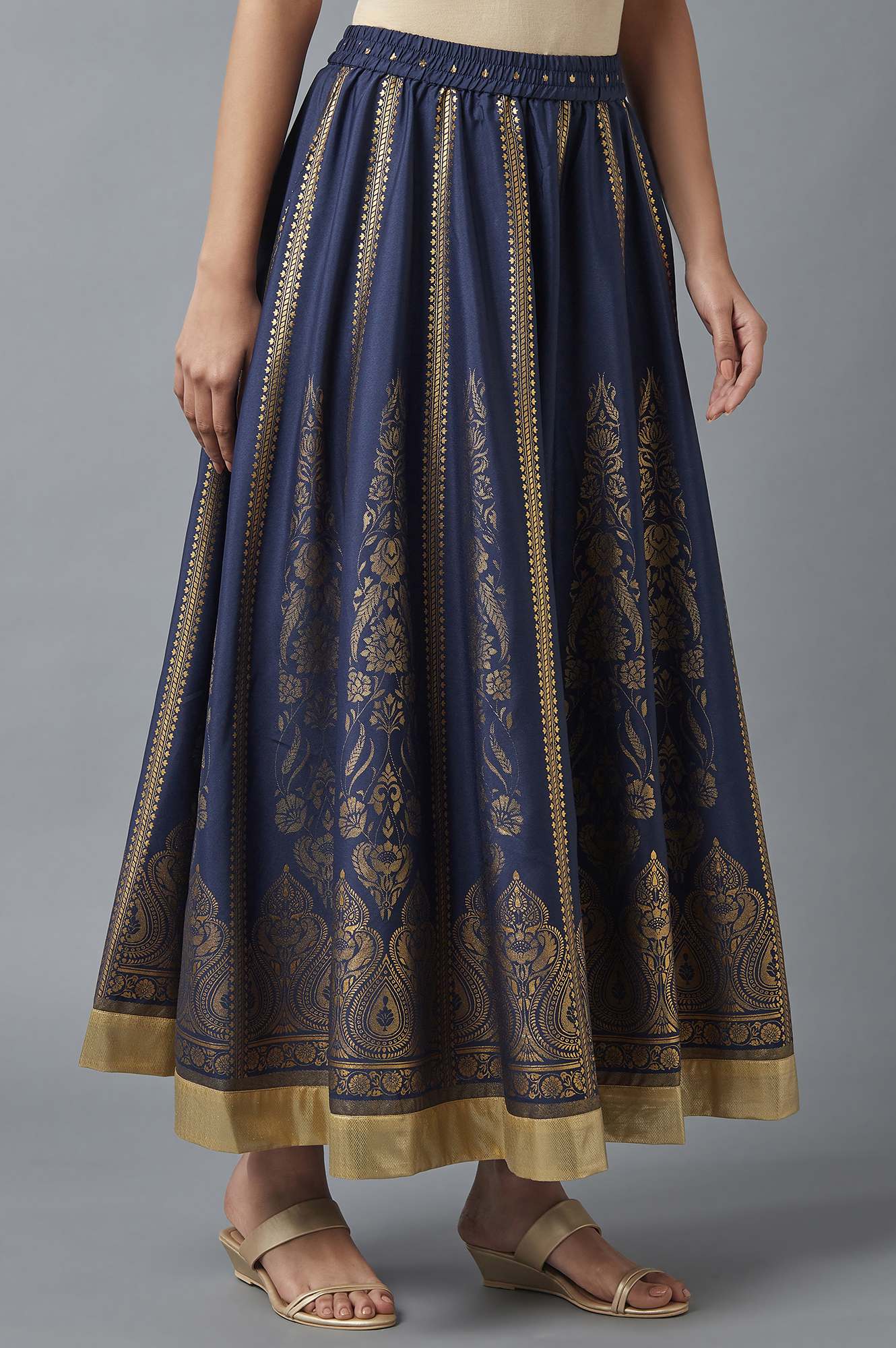 Navy Blue Printed Flared Skirt with Elasticated Waist - Image 4