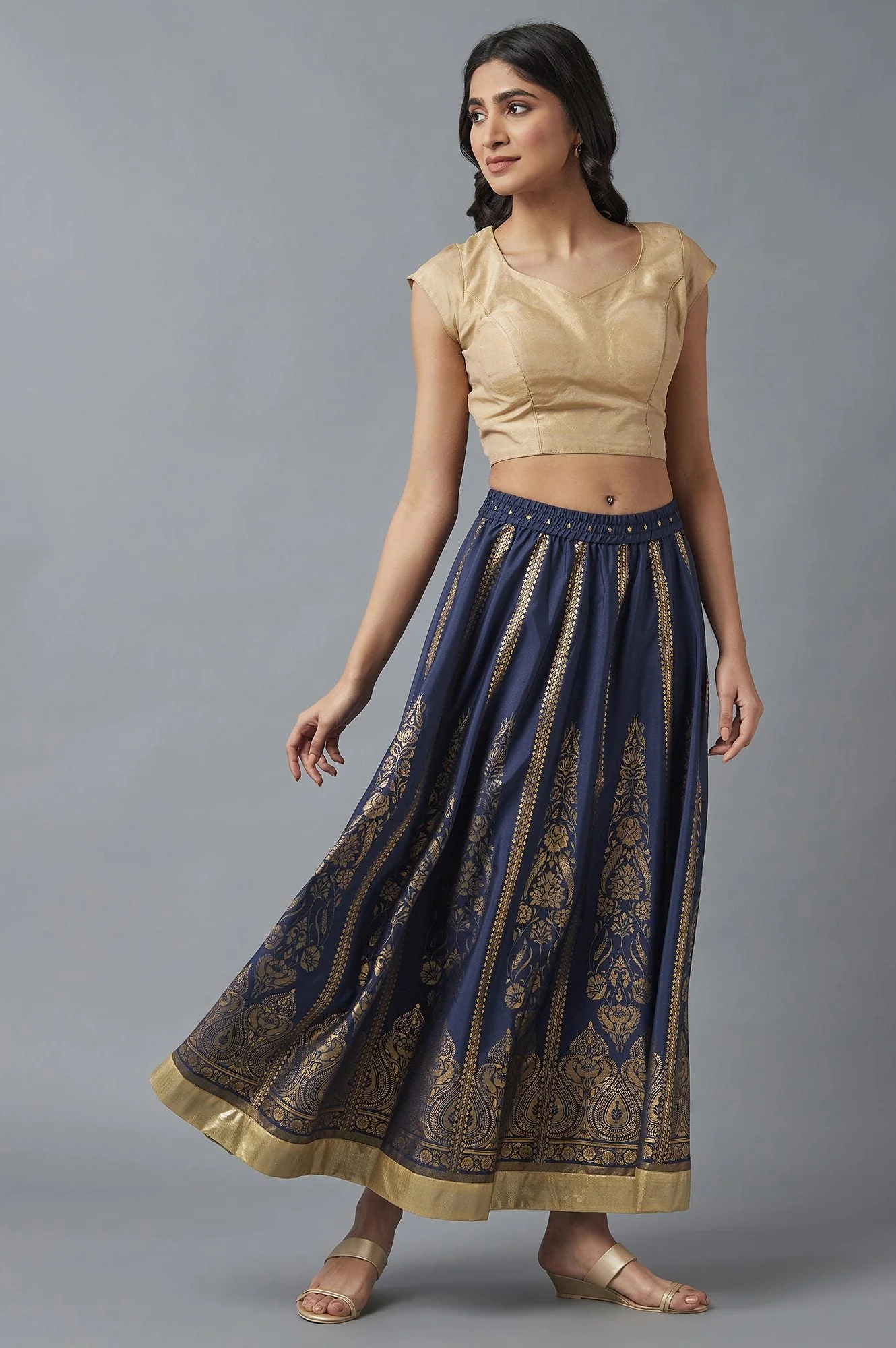 Navy Blue Printed Flared Skirt with Elasticated Waist - Image 5