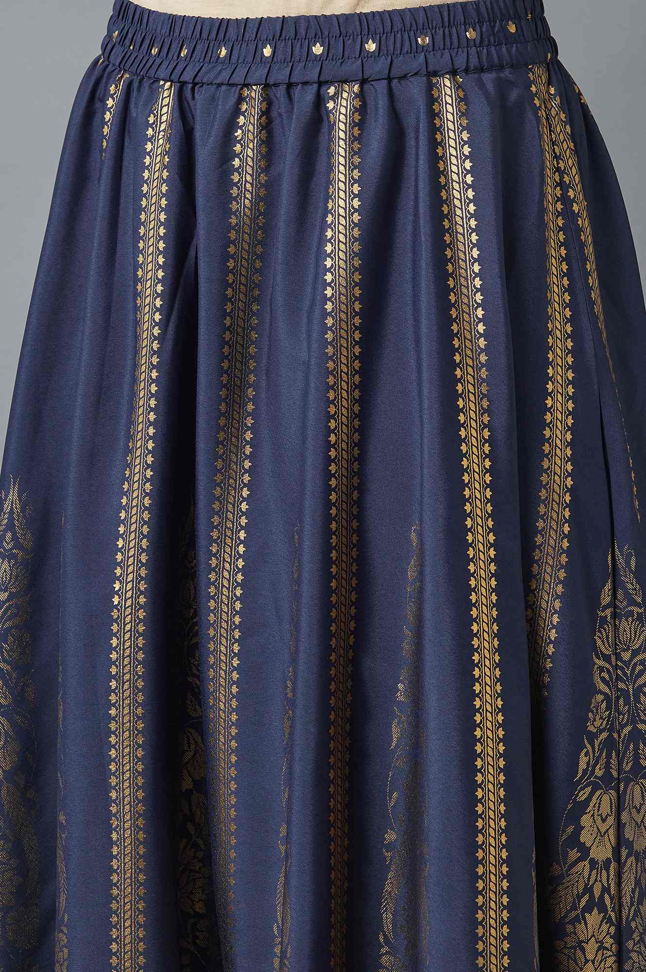 Navy Blue Printed Flared Skirt with Elasticated Waist - Image 6