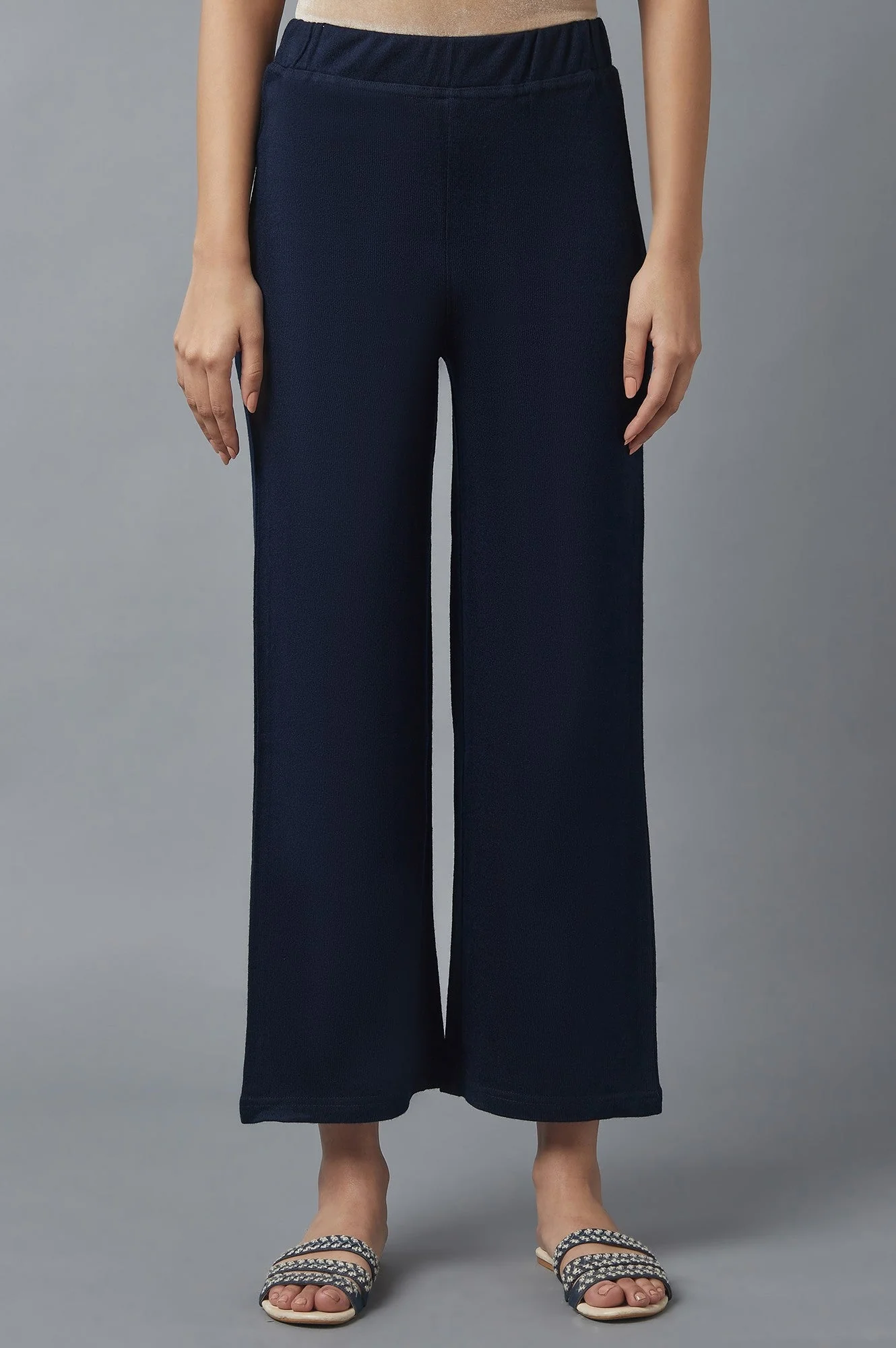 Elleven Women's Navy Blue Solid Straight Fit Acrylic Palazzo With Elasticated Waist