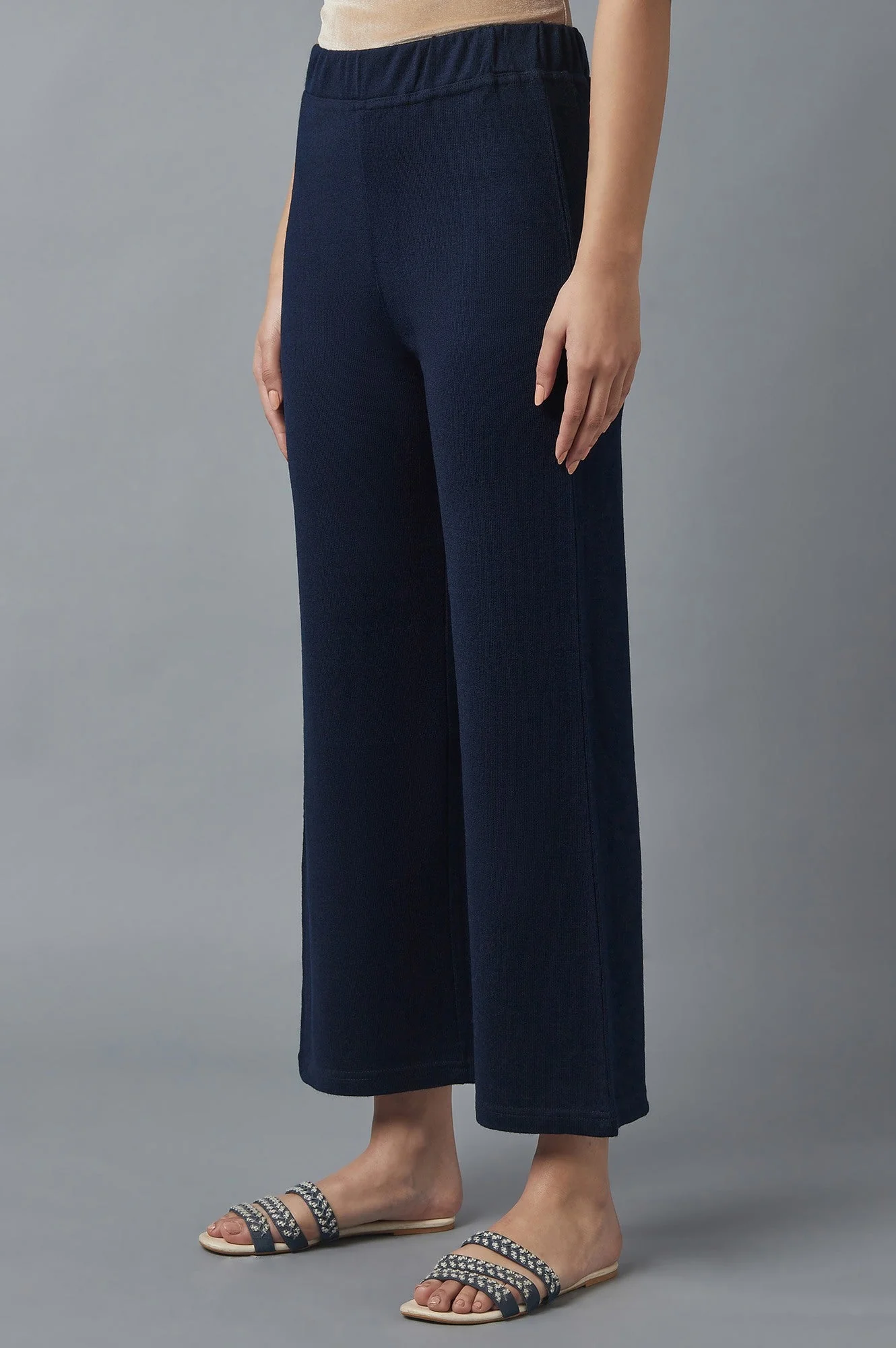 Elleven Women's Navy Blue Solid Straight Fit Acrylic Palazzo With Elasticated Waist - Image 3