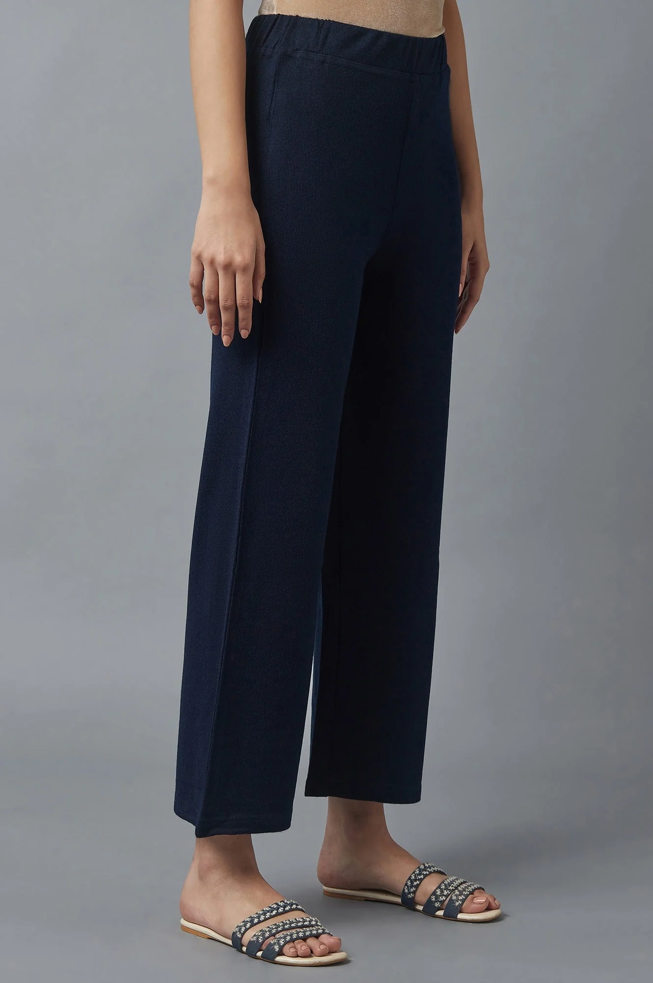 Elleven Women's Navy Blue Solid Straight Fit Acrylic Palazzo With Elasticated Waist - Image 4