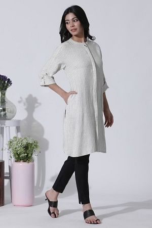 Off-White Striped Yar-Dyed Shirt Kurta And Pants Set - Image 5