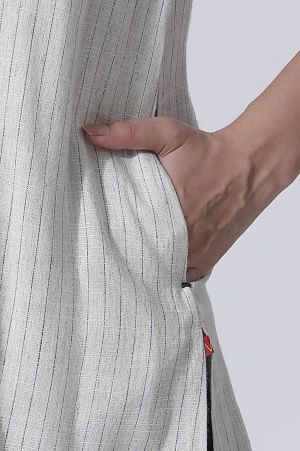 Off-White Striped Yar-Dyed Shirt Kurta And Pants Set - Image 8