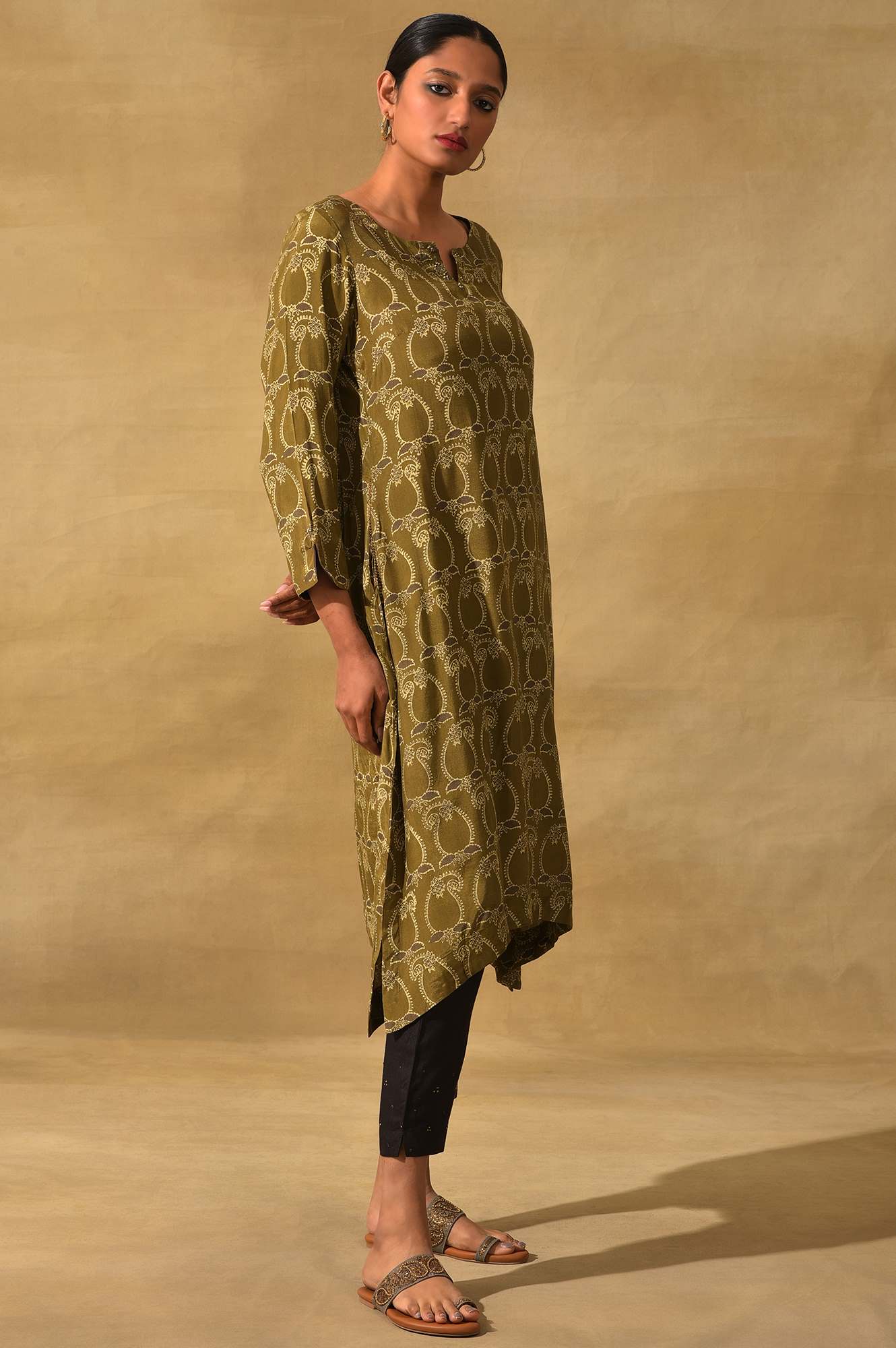 Olive Ajrakh Print A-Line kurta - Image 4