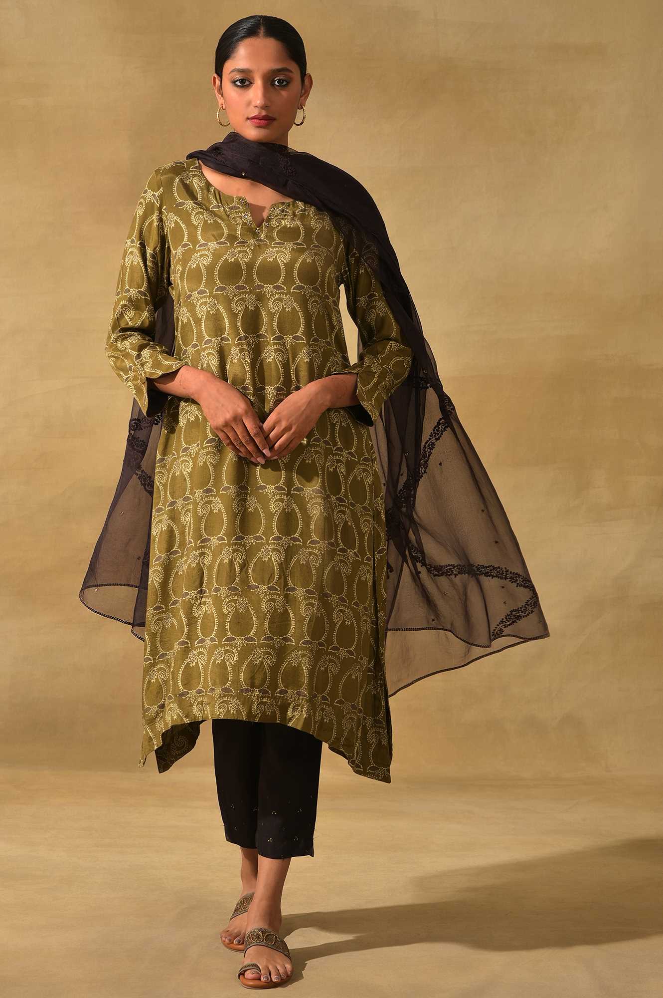 Olive Ajrakh Print A-Line kurta - Image 6