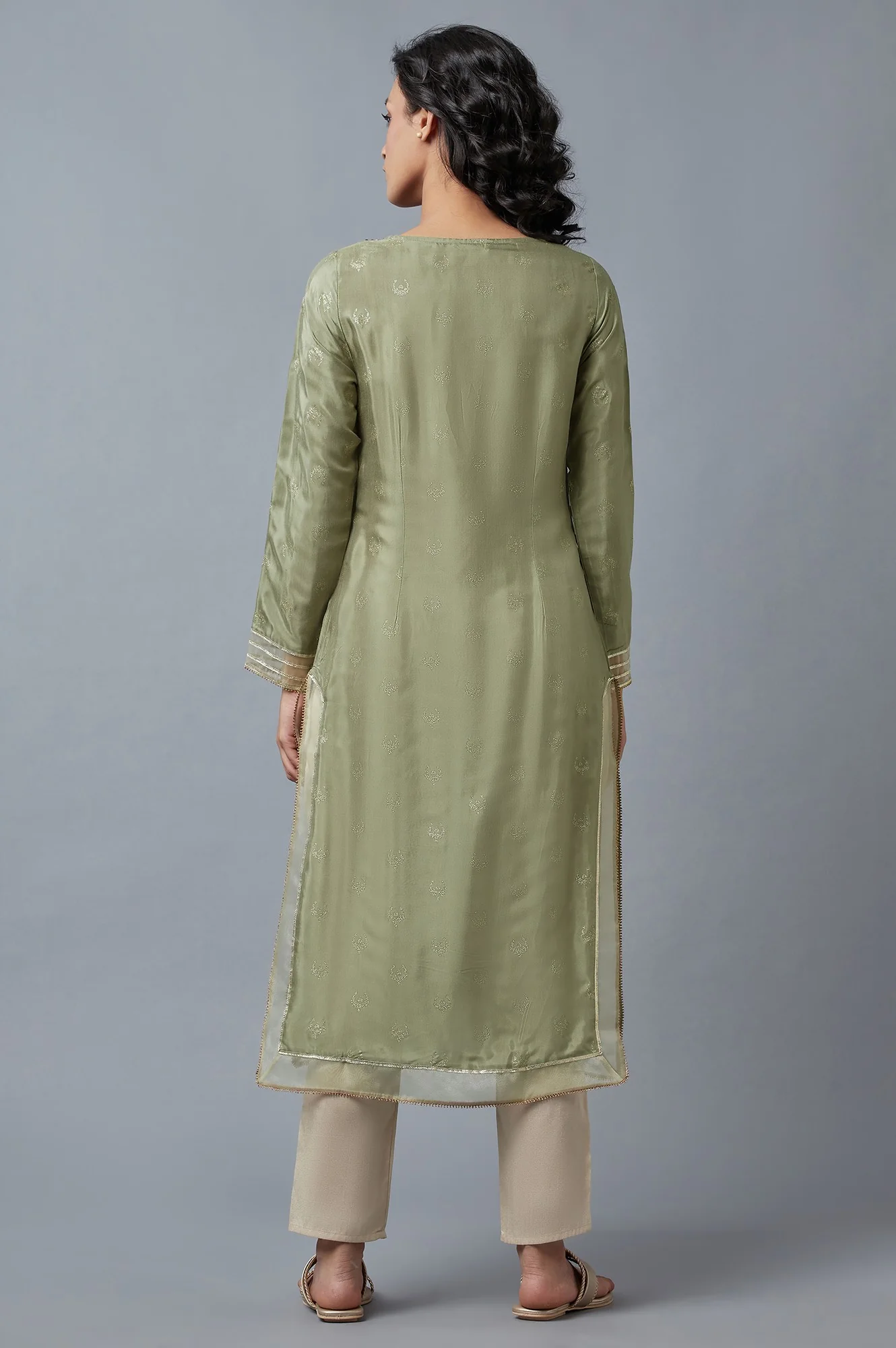 Olive Green Glitter Print Round Neck kurta With Embroidery - Image 2