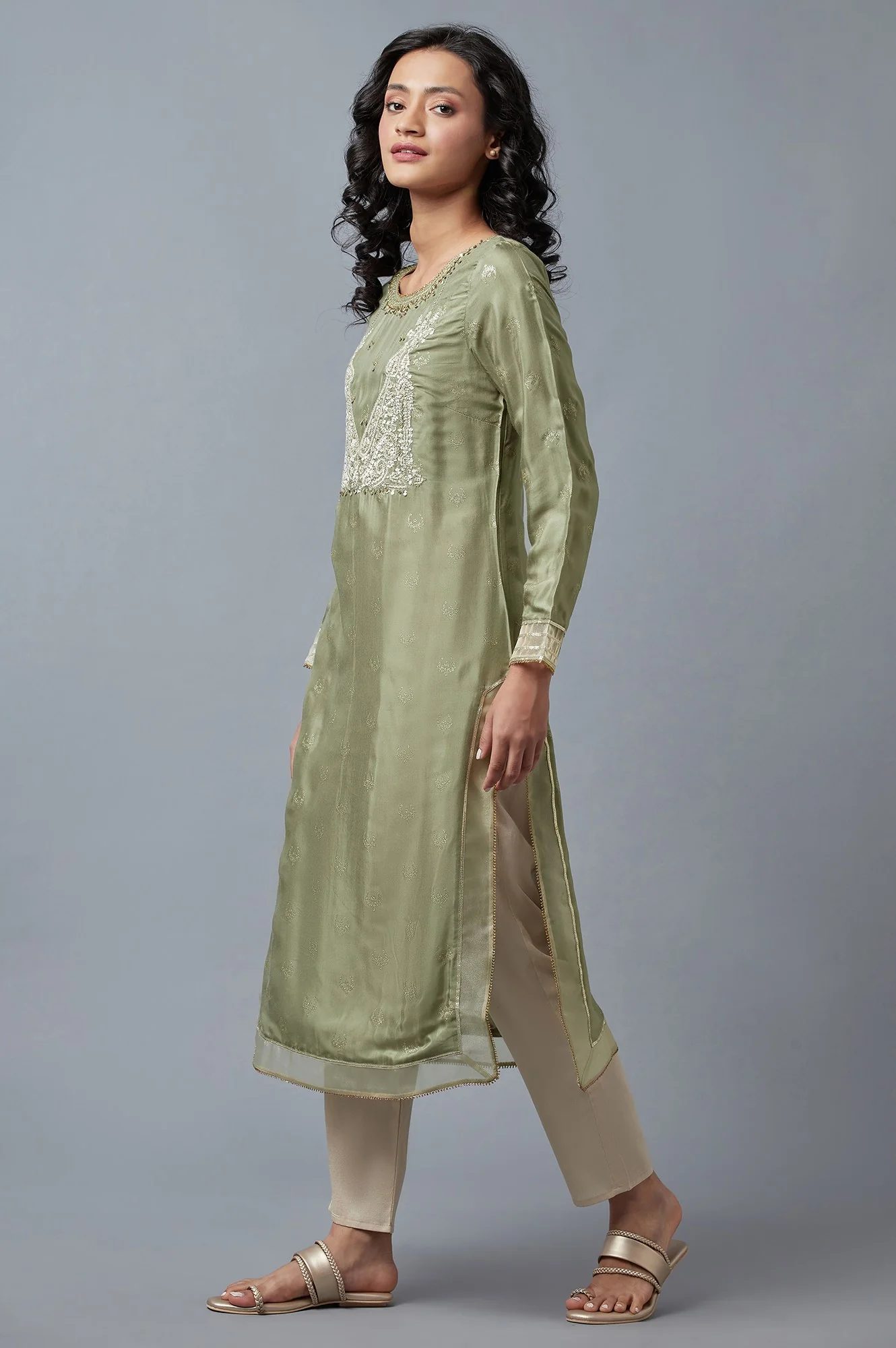Olive Green Glitter Print Round Neck Kurta With Embroidery - Image 3
