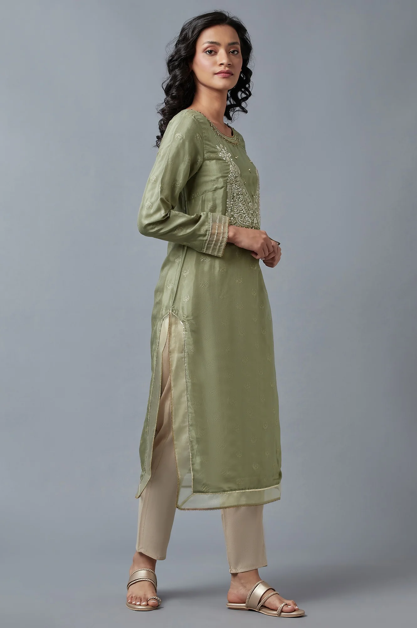 Olive Green Glitter Print Round Neck Kurta With Embroidery - Image 4