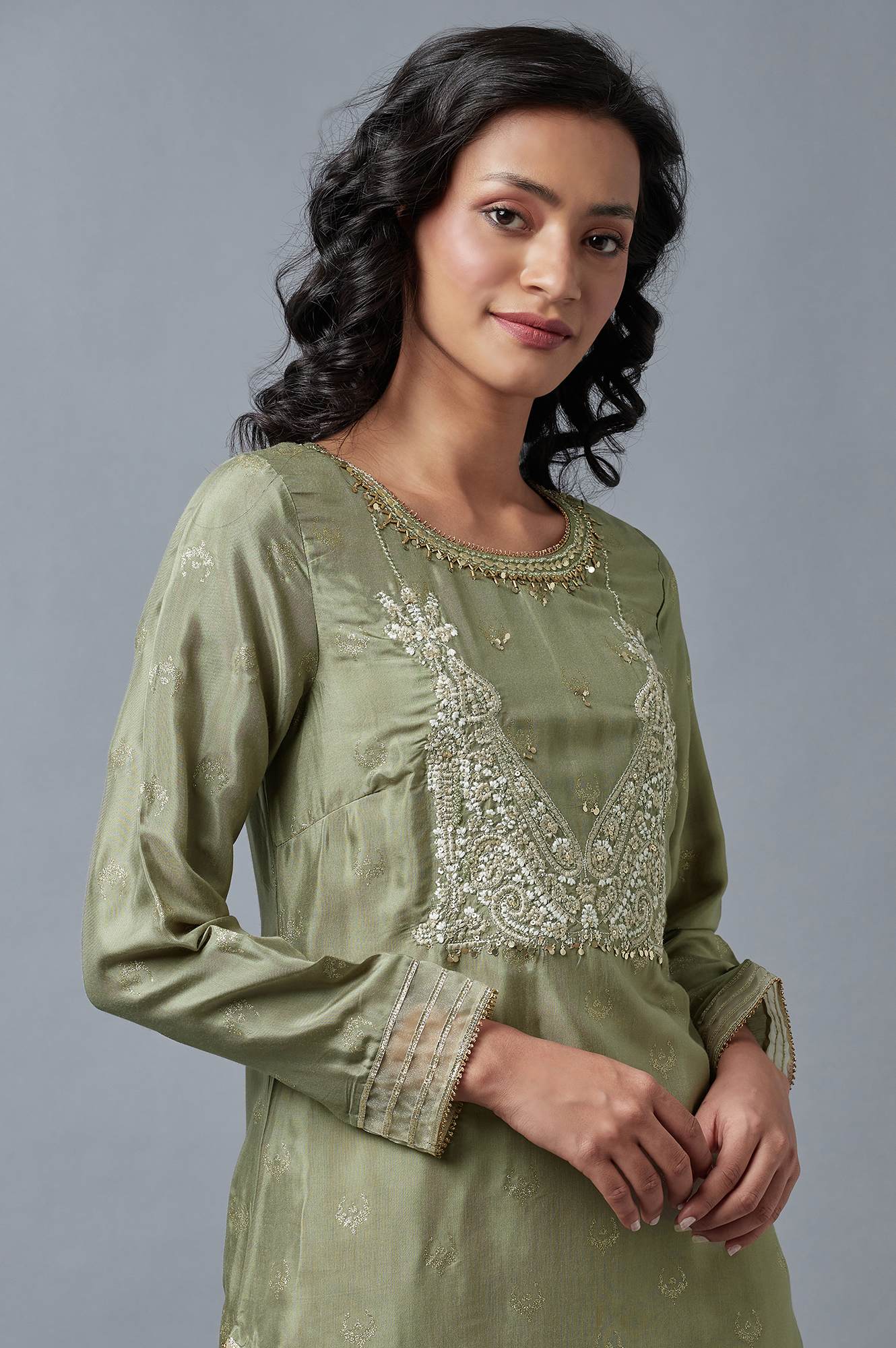 Olive Green Glitter Print Round Neck Kurta With Embroidery - Image 5