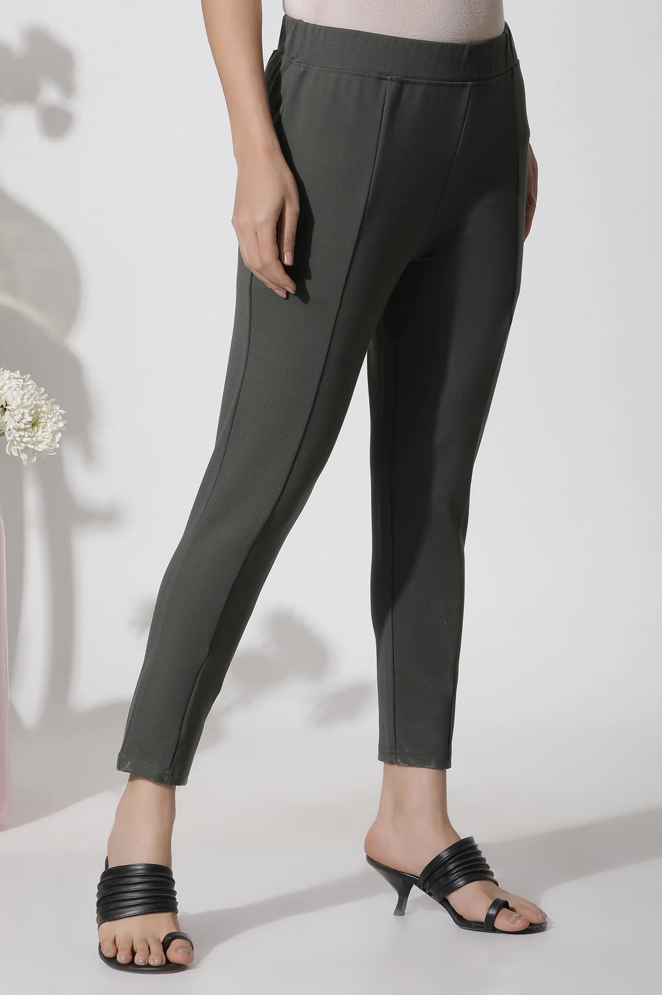 Olive Green Solid Casual Leggings - Image 2