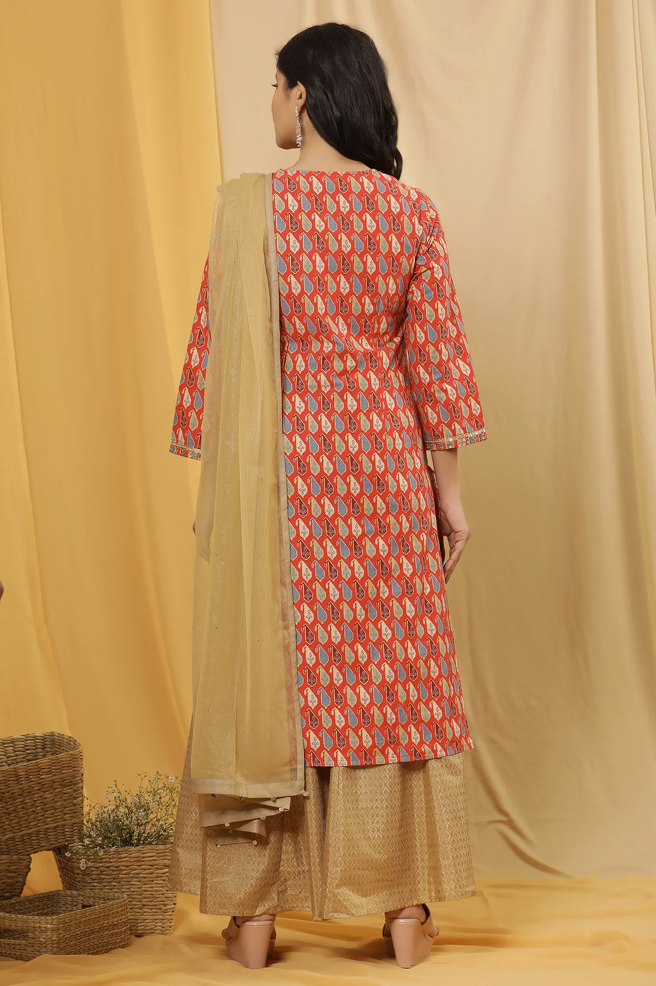 Orange Dori Embroidered Kurta, Pants And Dupatta Set - Image 4
