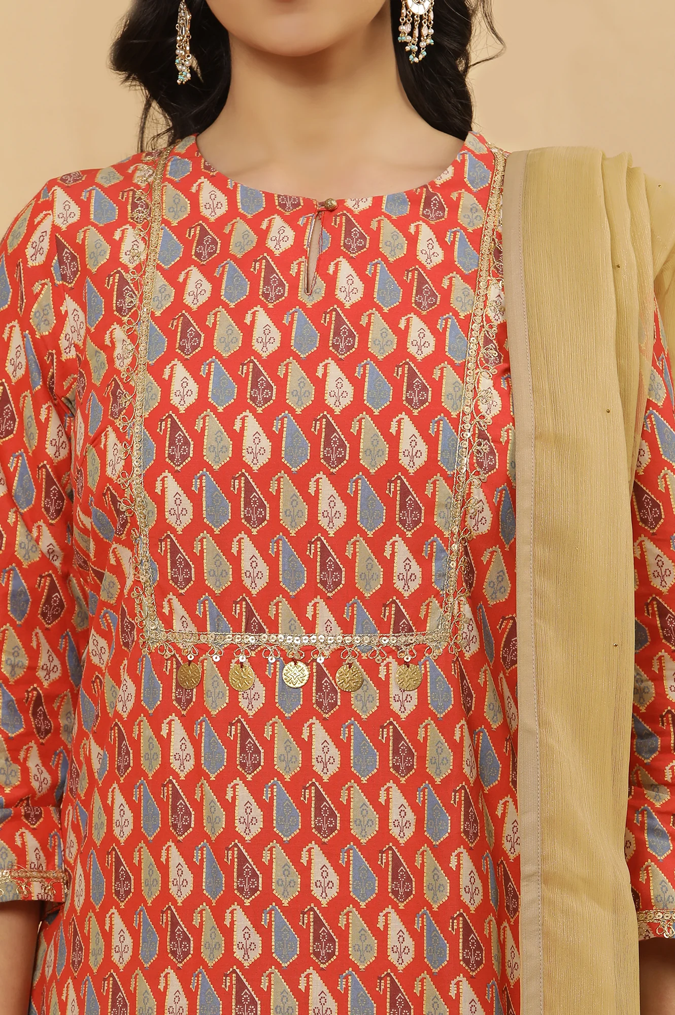 Orange Dori Embroidered Kurta, Pants And Dupatta Set - Image 6
