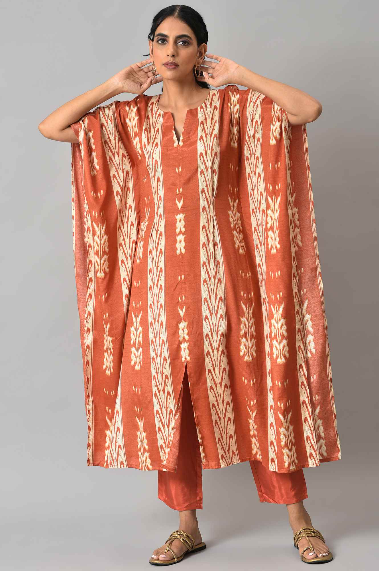 Orange Ikkat Printed Button Down kurta with Parallel Pants Co-ord Set - Image 8