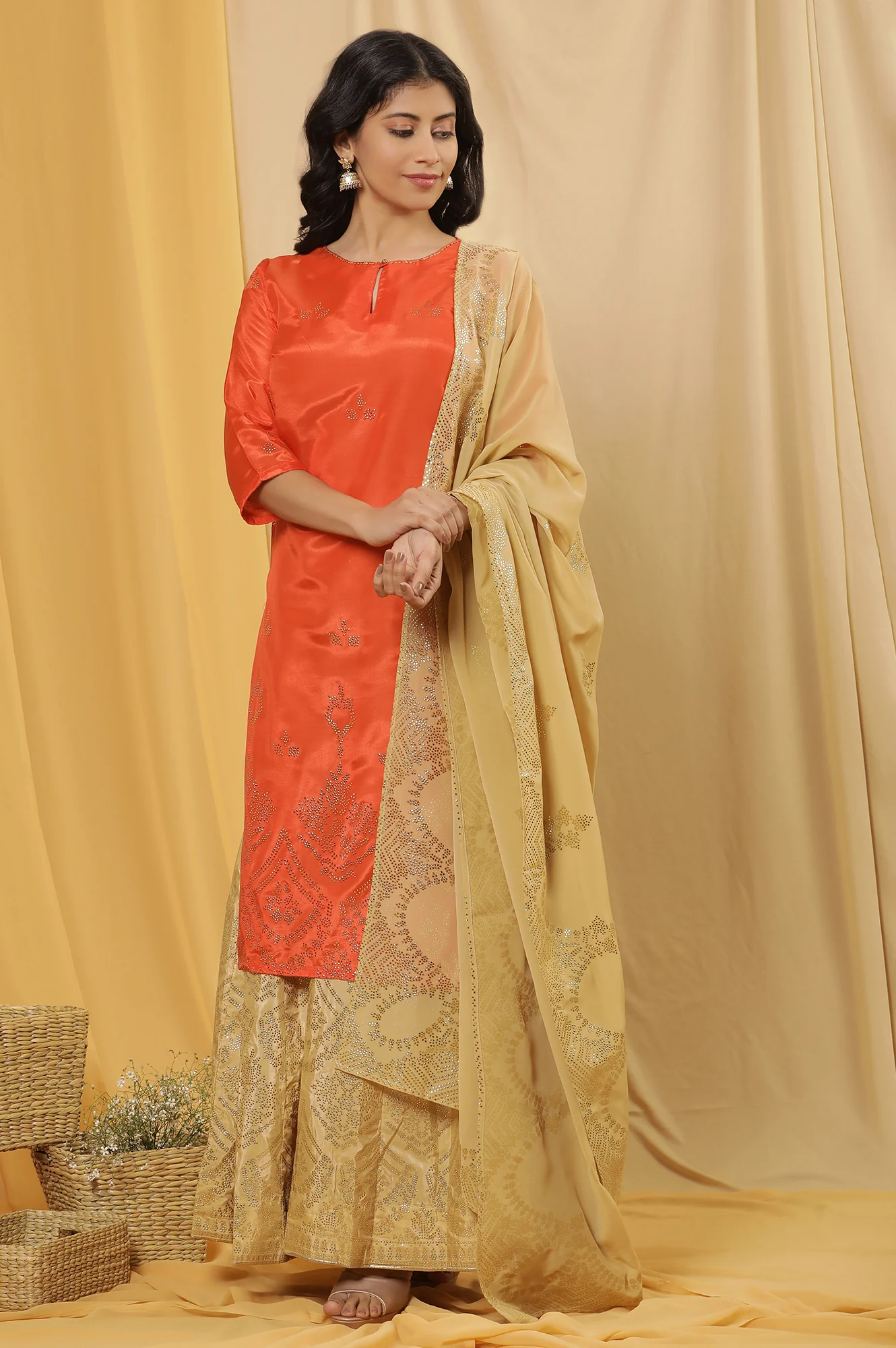 Orange Mukaish Print Kurta, Skirt And Dupatta Set - Image 2