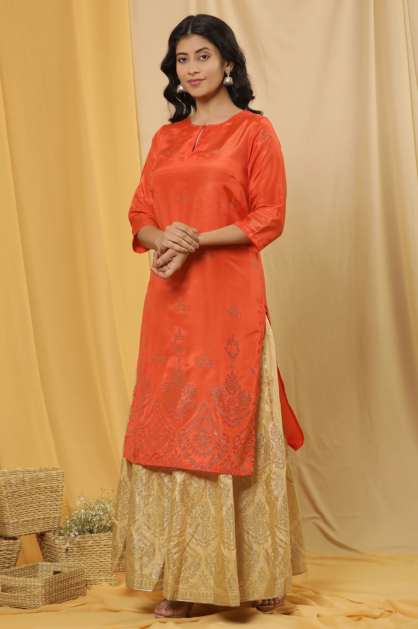 Orange Mukaish Print Kurta, Skirt And Dupatta Set - Image 3