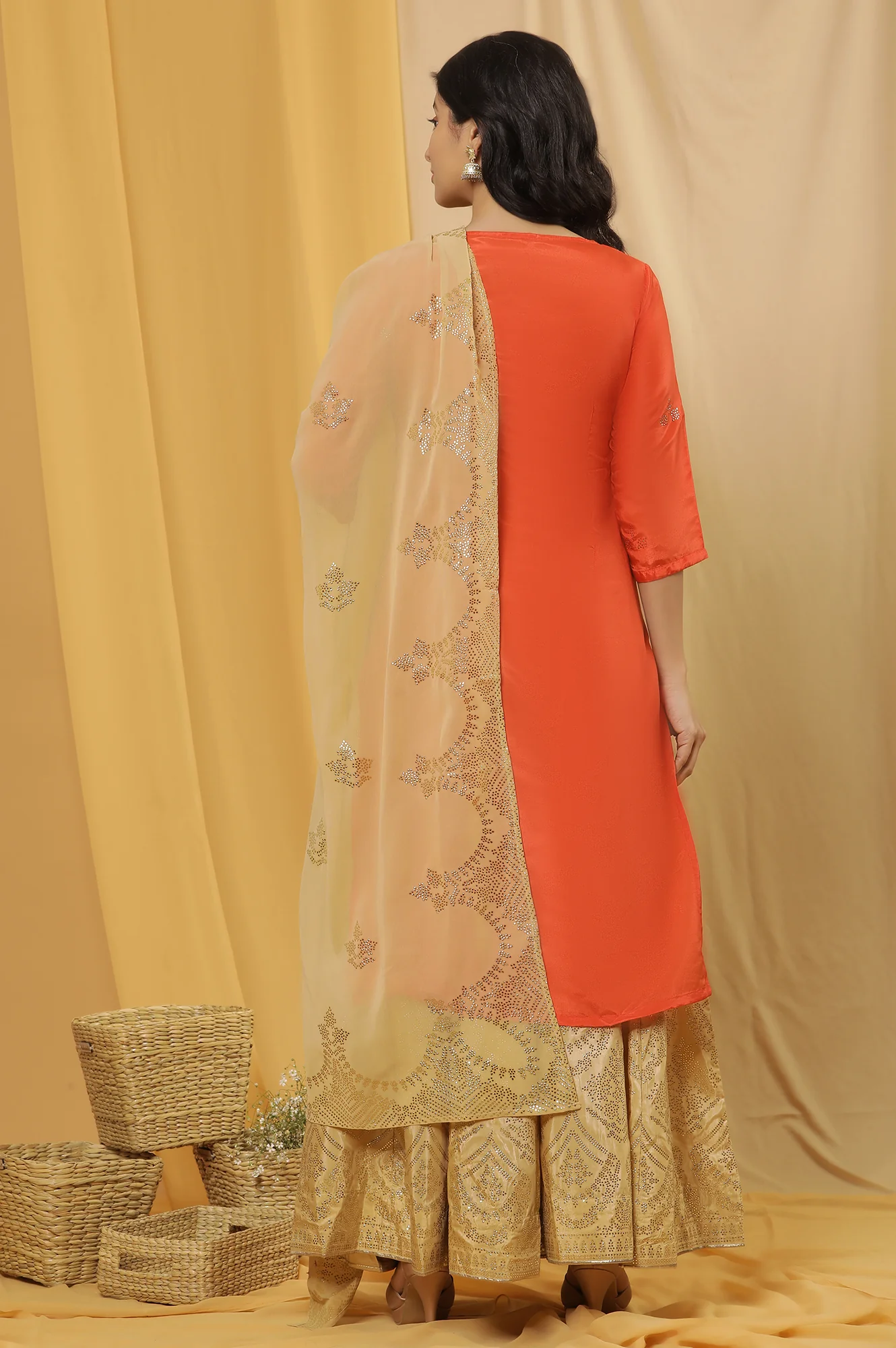 Orange Mukaish Print Kurta, Skirt And Dupatta Set - Image 4