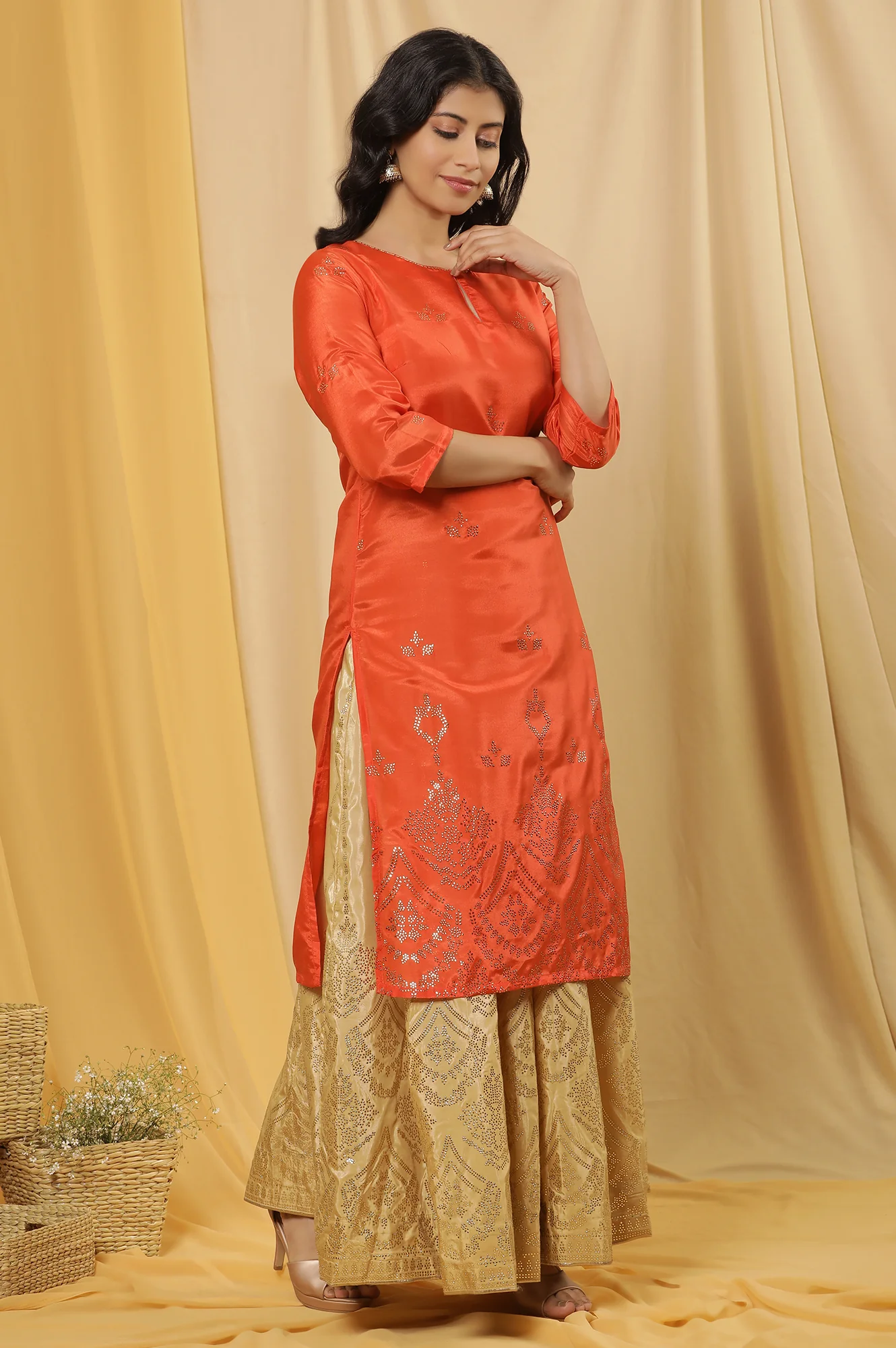 Orange Mukaish Print Kurta, Skirt And Dupatta Set - Image 5