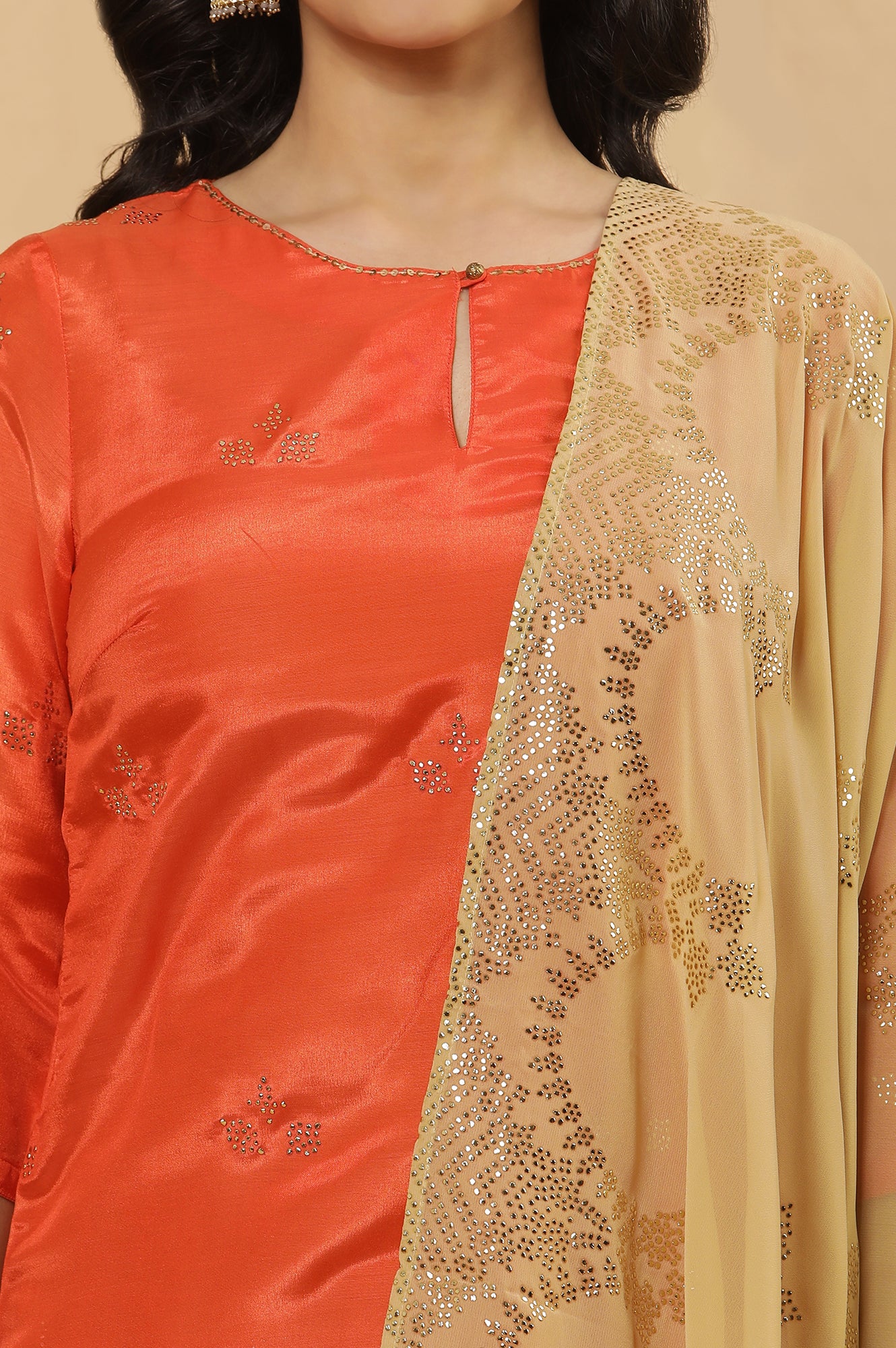 Orange Mukaish Print Kurta, Skirt And Dupatta Set - Image 6