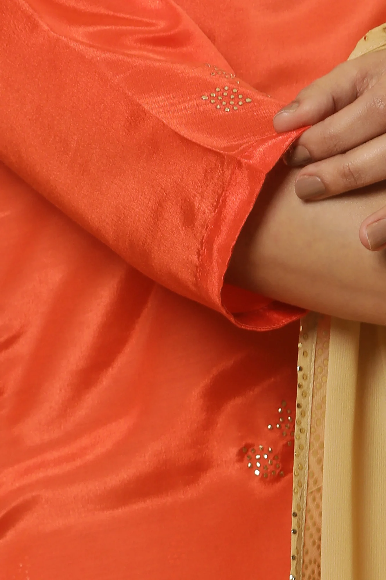 Orange Mukaish Print Kurta, Skirt And Dupatta Set - Image 7
