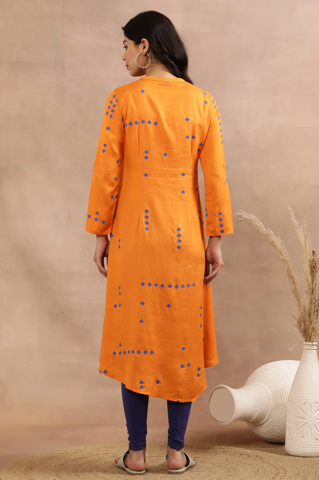 Orange Printed Asymmetrical Kurta And Tights Set - Image 4