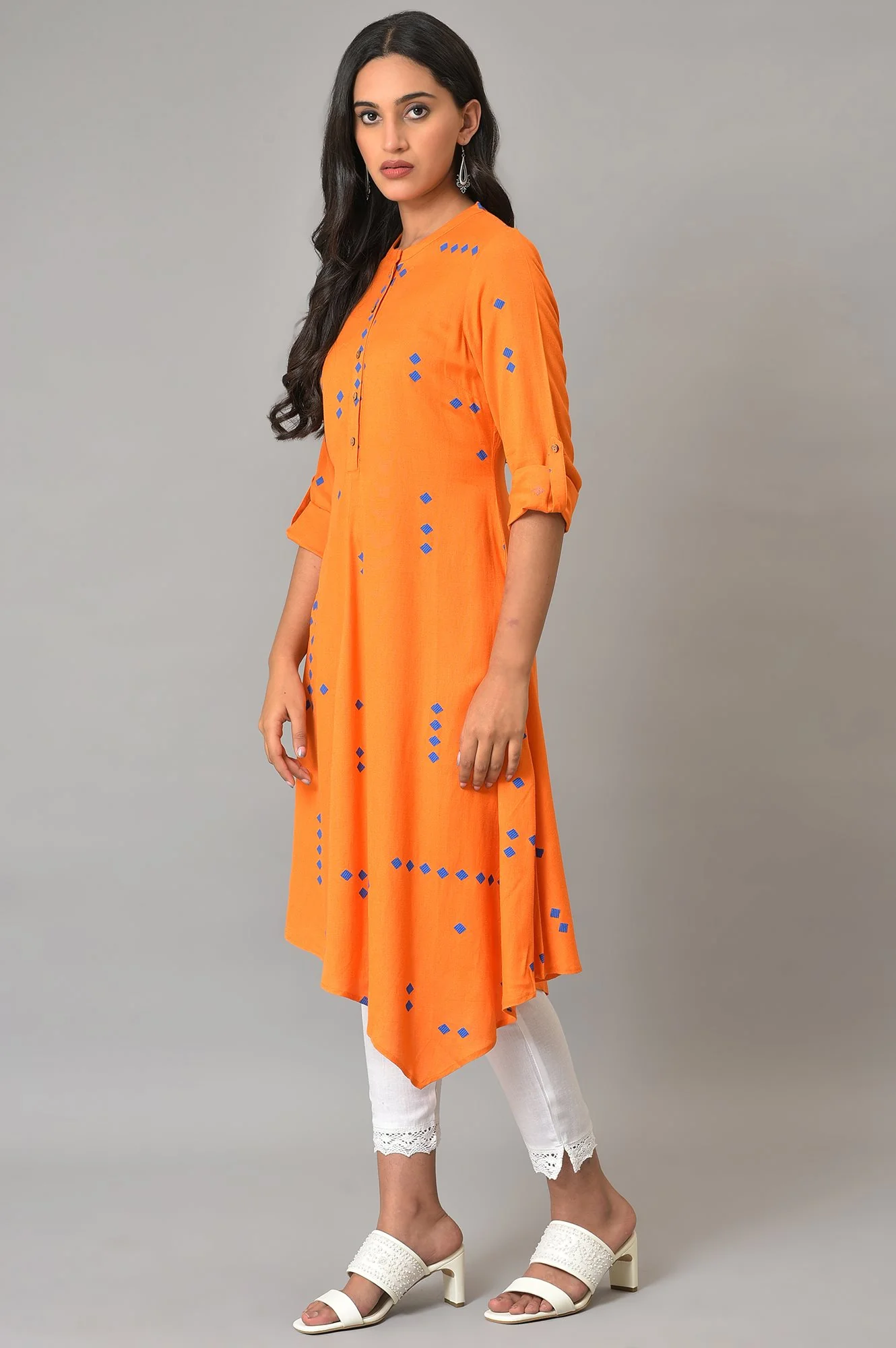 Orange Printed Asymmetrical Plus Size kurta - Image 3