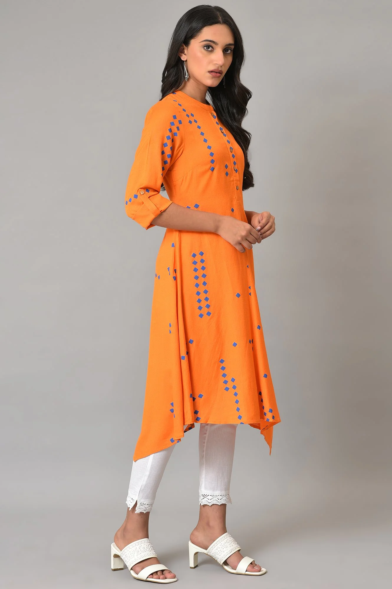 Orange Printed Asymmetrical Plus Size kurta - Image 4