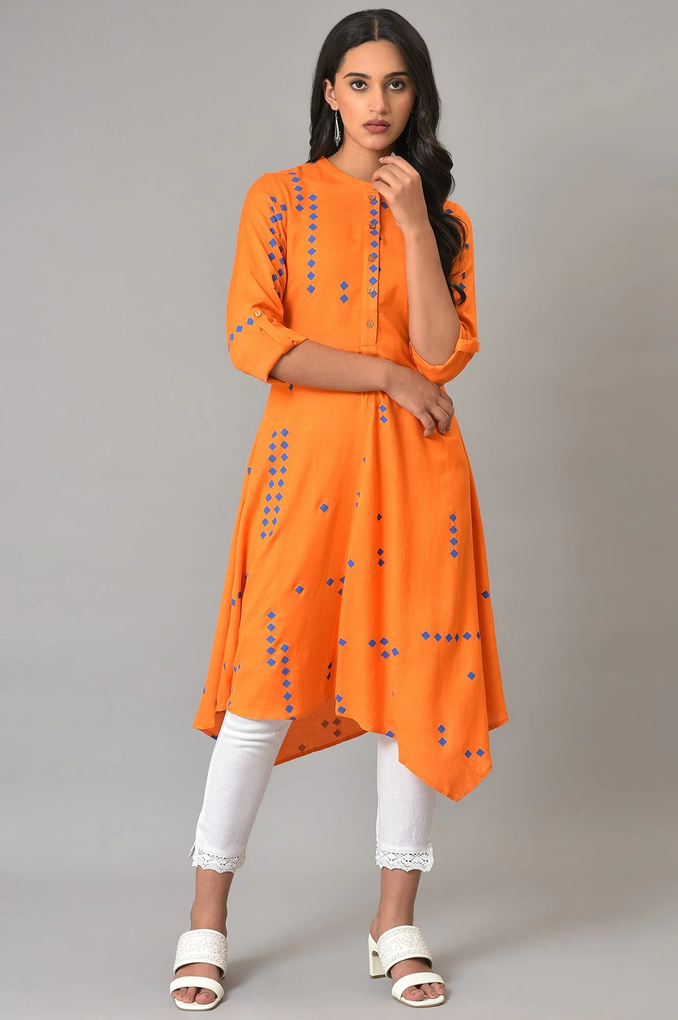 Orange Printed Asymmetrical Plus Size kurta - Image 6