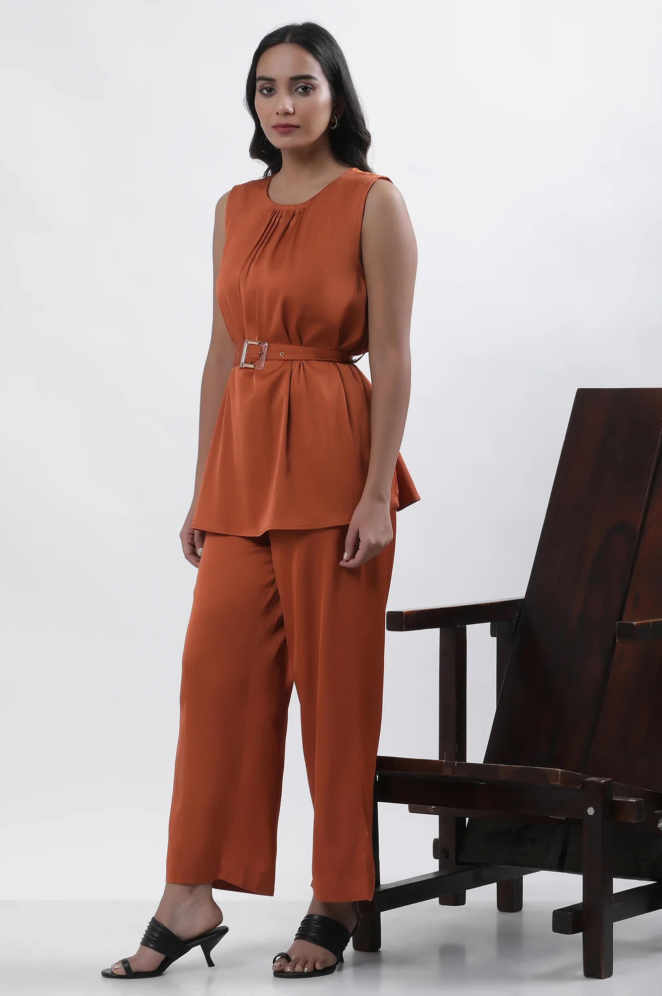 Orange Satin Sleeveless Top With Belt And Pants Set - Image 3