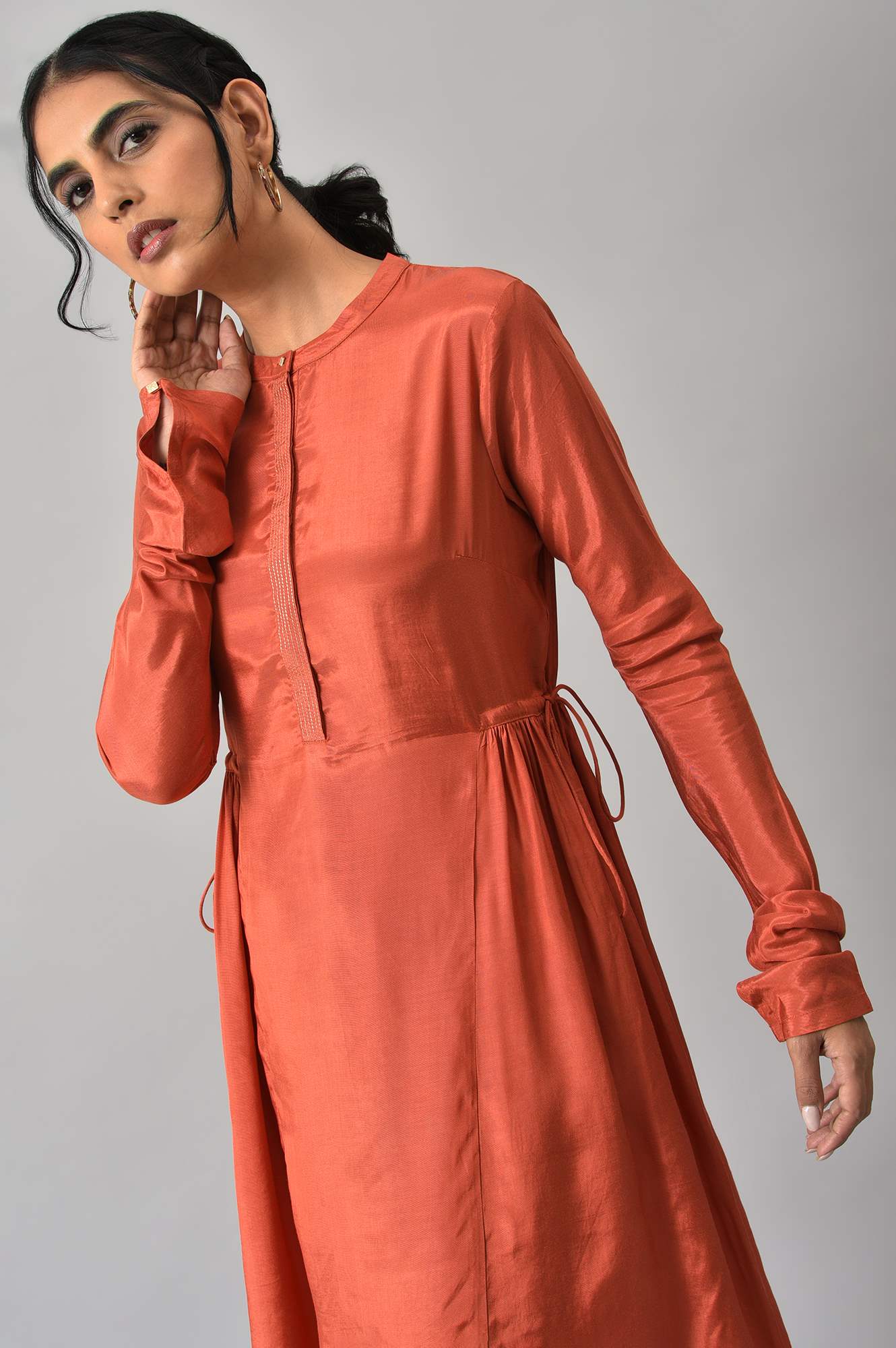 Orange Zari TopStitched Placket kurta with Straight Pants Co-ord Set - Image 5