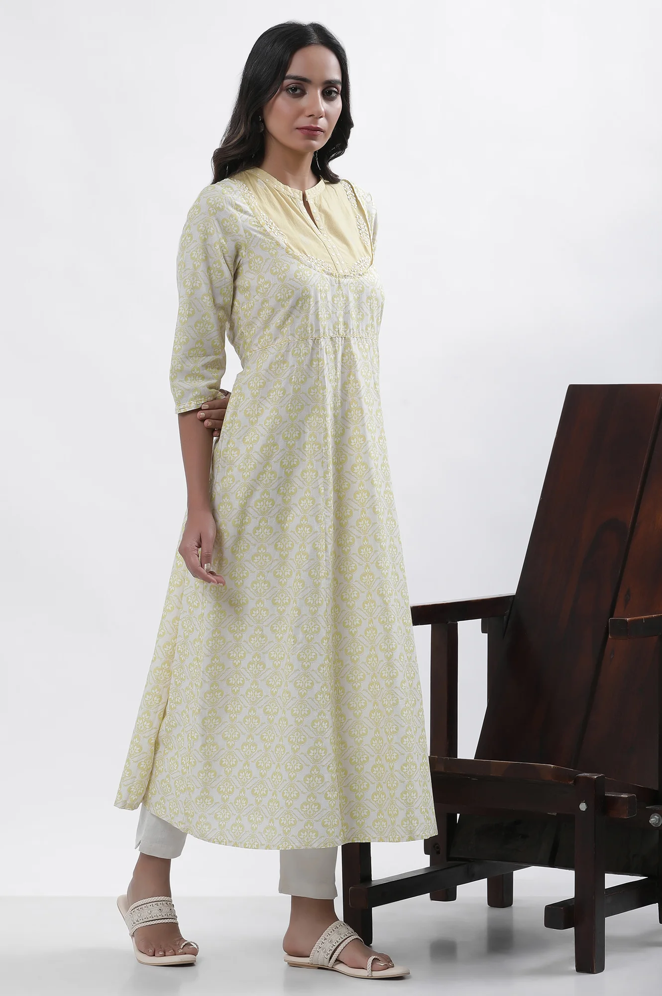 Pale Yellow Printed Dress And Pants Set - Image 5