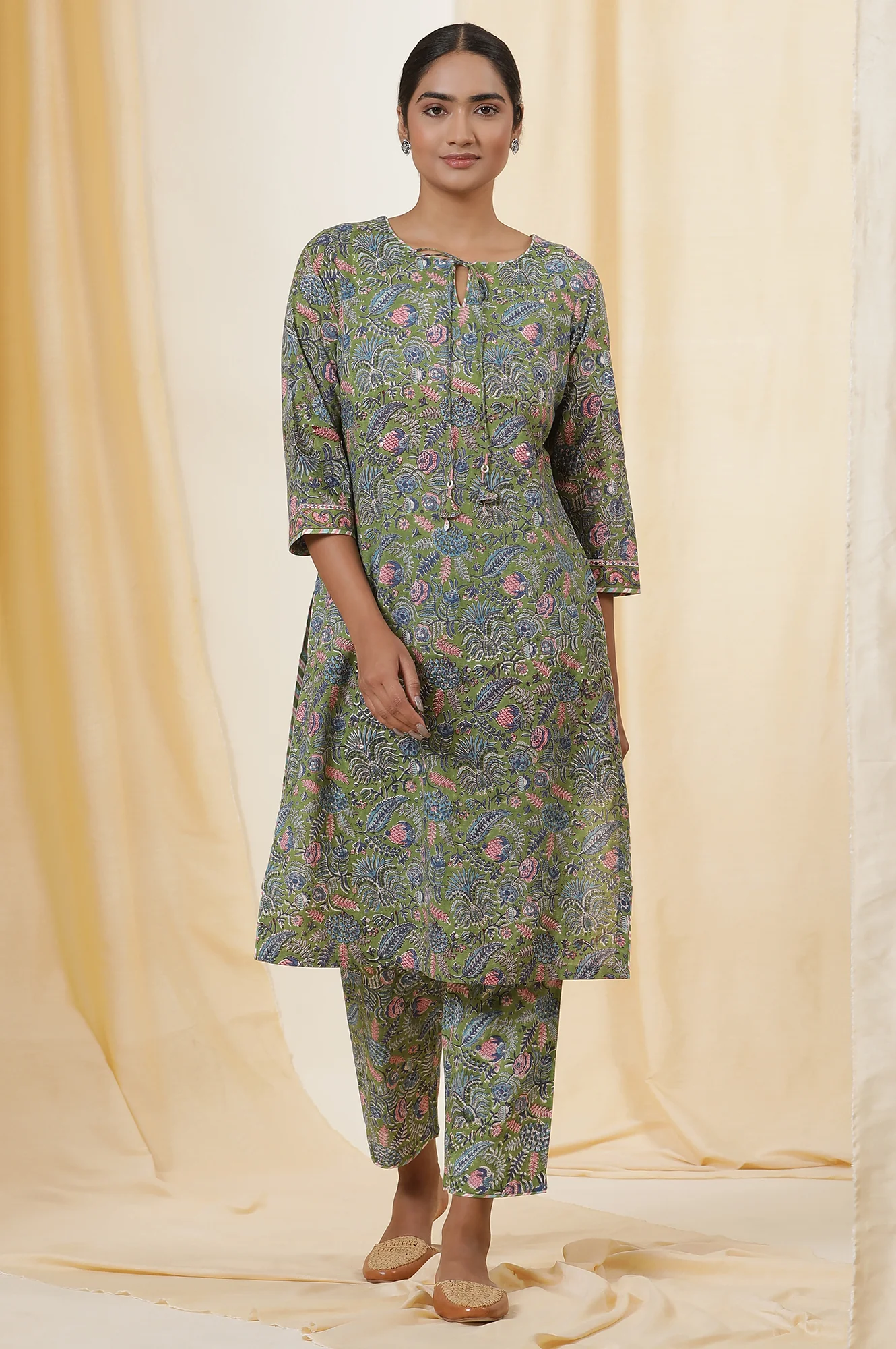 Palm Green Hand Block Print Kurta Set In Cotton Voile With Stripes Pants - Image 2