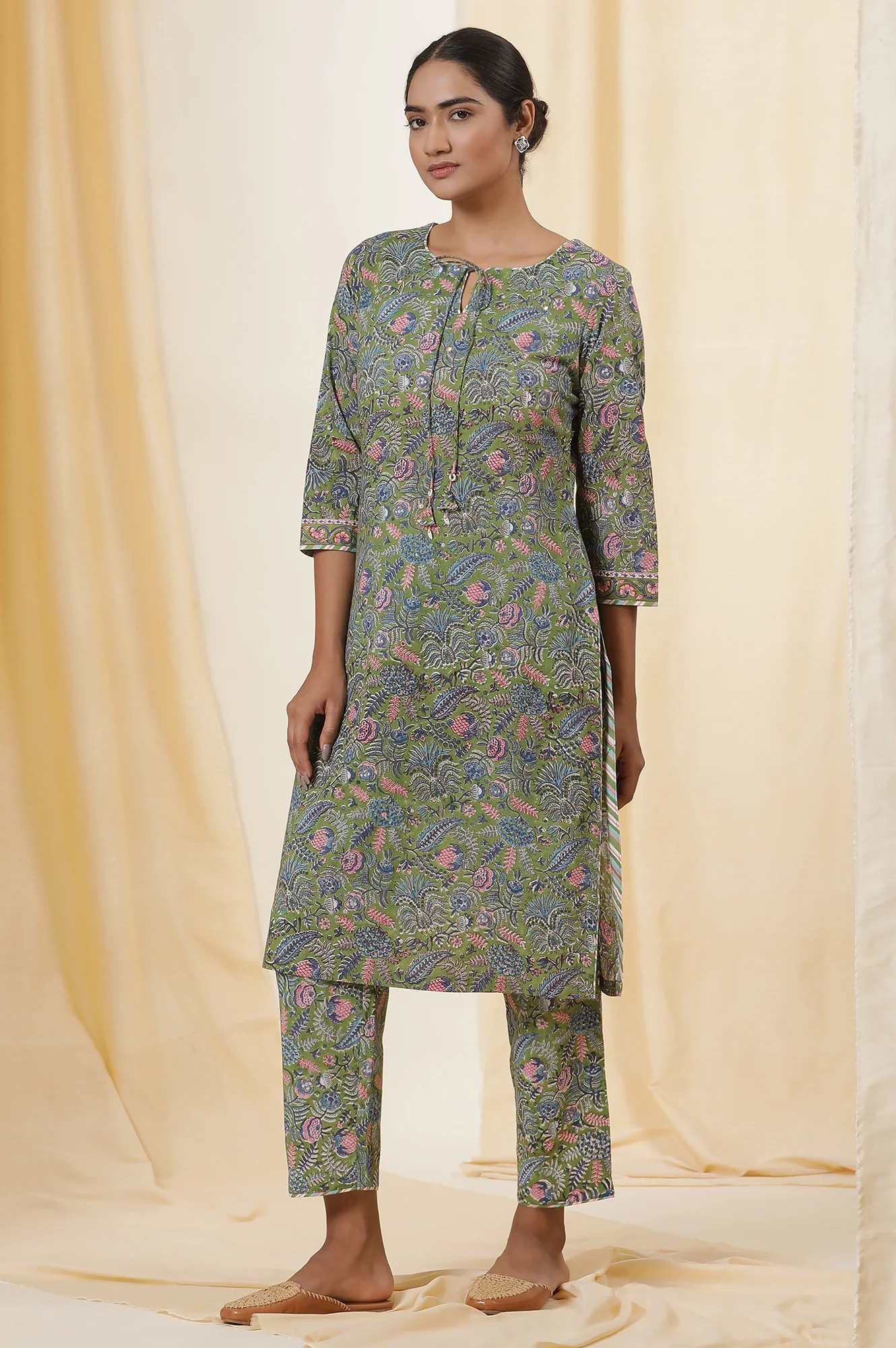Palm Green Hand Block Print Kurta Set In Cotton Voile With Stripes Pants - Image 3