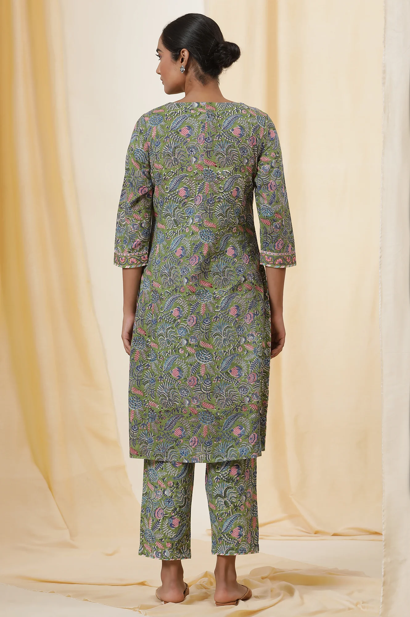 Palm Green Hand Block Print Kurta Set In Cotton Voile With Stripes Pants - Image 4