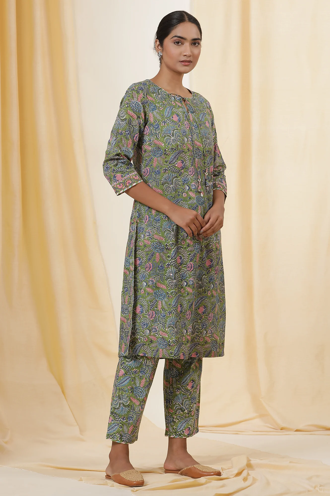 Palm Green Hand Block Print Kurta Set In Cotton Voile With Stripes Pants - Image 5