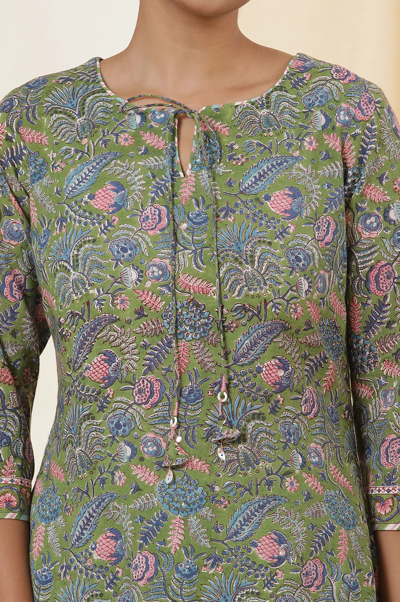 Palm Green Hand Block Print Kurta Set In Cotton Voile With Stripes Pants - Image 6