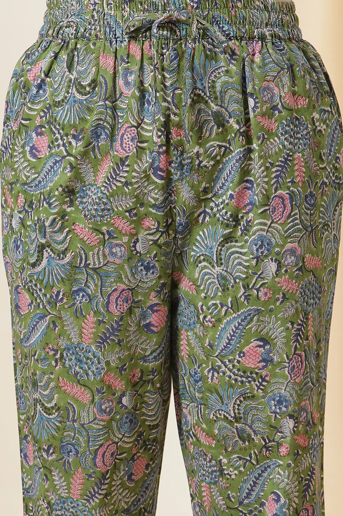 Palm Green Hand Block Print Kurta Set In Cotton Voile With Stripes Pants - Image 8